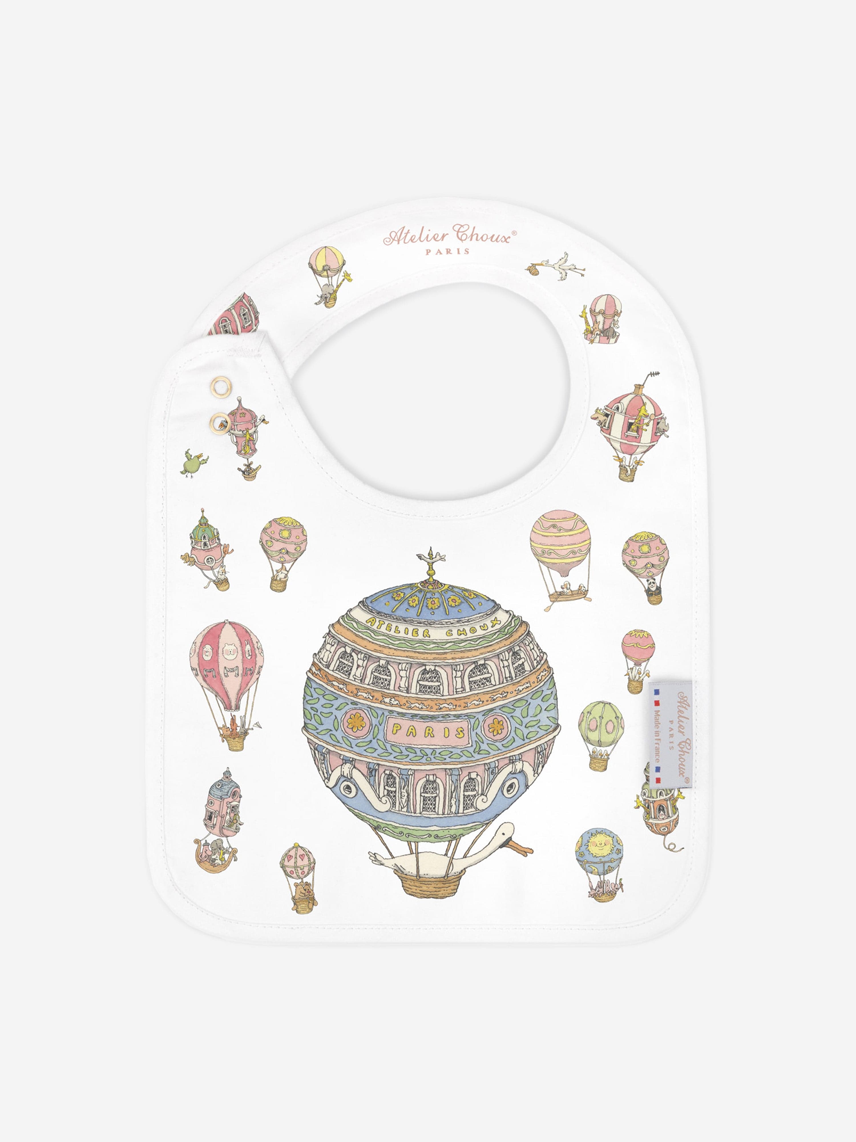 Atelier Choux Baby Satin Hot Air Balloons Bib in White - Soft & Stylish Drool Bib for Newborns & Infants - Perfect for Feeding, Teething & Everyday Outfits