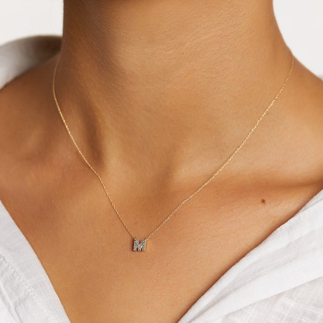 10k Gold Diamond Letter M Necklace for Women - Elegant Initial Pendant Gift for Birthday, Anniversary & Valentine's Day