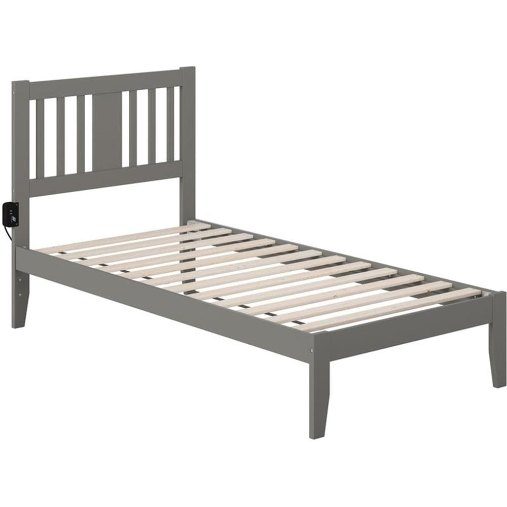 BOWERY HILL Transitional Wood Twin Spindle Bed Frame with USB Turbo Charger - Gray Finish | Modern Bedroom Furniture for Small Spaces & Guest Rooms