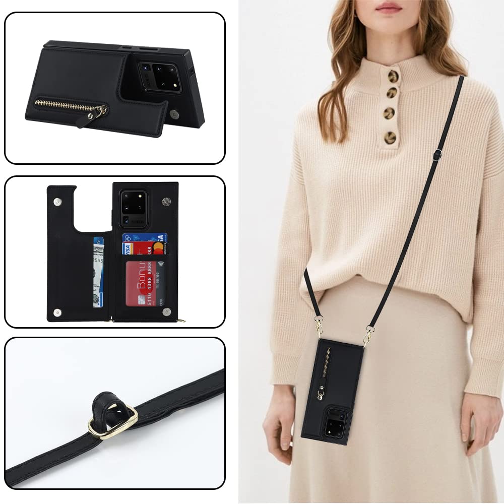 RFID Blocking Crossbody Wallet Case for Samsung Galaxy S20 Ultra - PU Leather Magnetic Flip Folio Purse with Detachable Lanyard & Card Slots | Perfect for Travel, Shopping & Daily Use (Black)