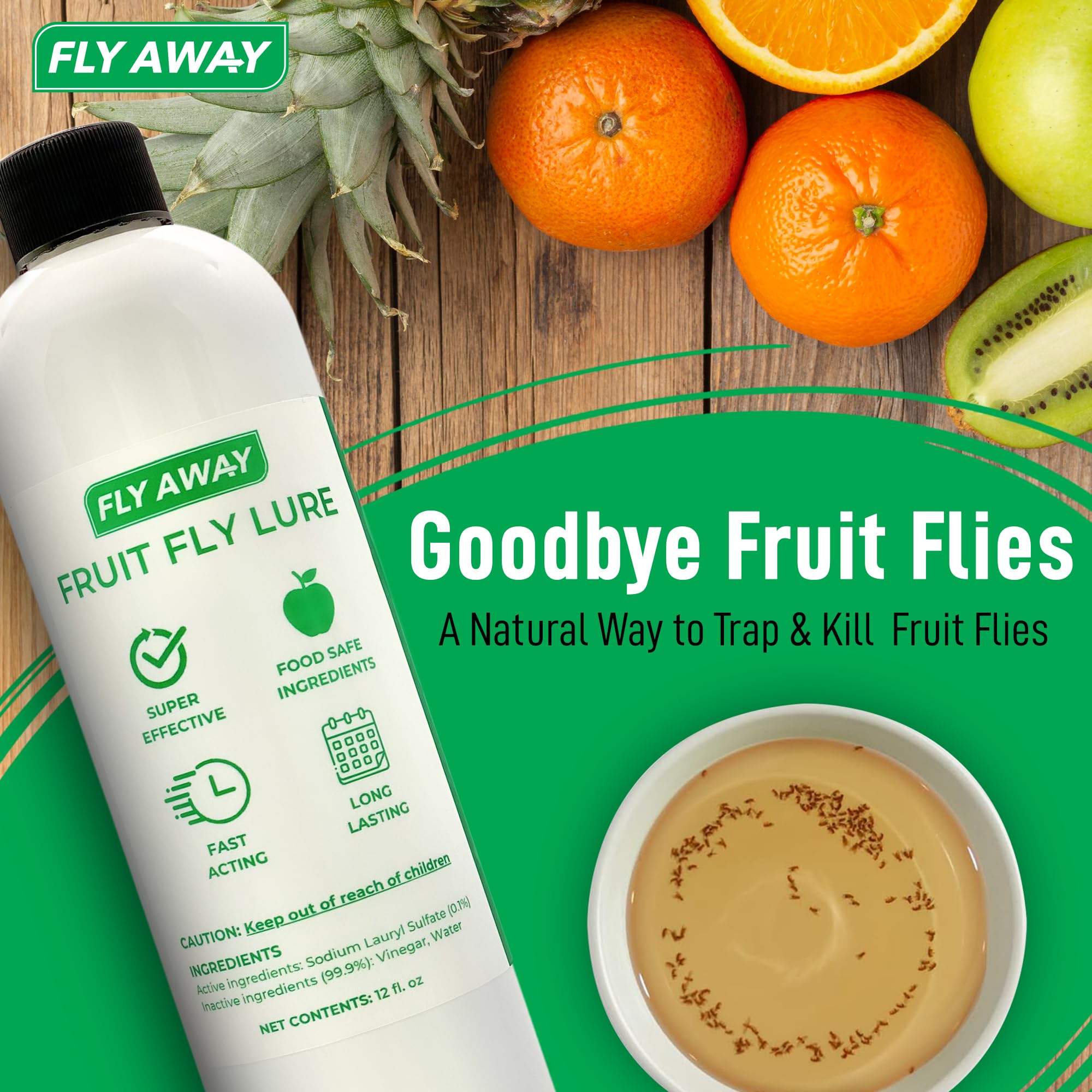 Fly Away Fruit Fly Liquid Lure - Fast-Acting Fruit Fly Trap | Safe & Non-Toxic for Kitchens, Restaurants, Bars | Indoor Pest Control Solution | Works as Standalone Bait or Refill for Fly Away Trap Kit (12 oz) | Perfect for Home, Commercial & Outdoor Use
