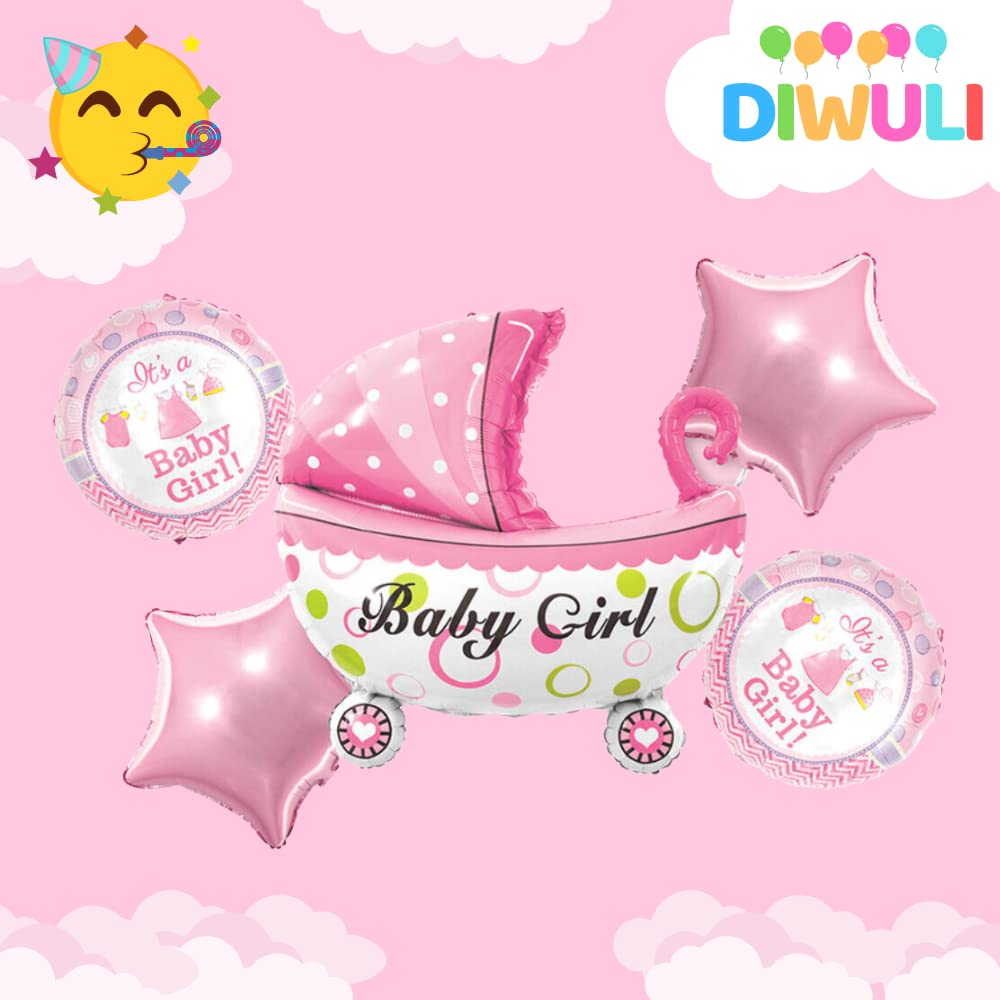DIWULI Pink Baby Girl Balloons - Baby Shower, Gender Reveal & Birthday Party Decorations for Stroller Carriage, Its a Girl Celebration, Foil Balloon Set for Baby Shower Decor - Perfect for Nursery, Baby's First Birthday & Gender Reveal Parties