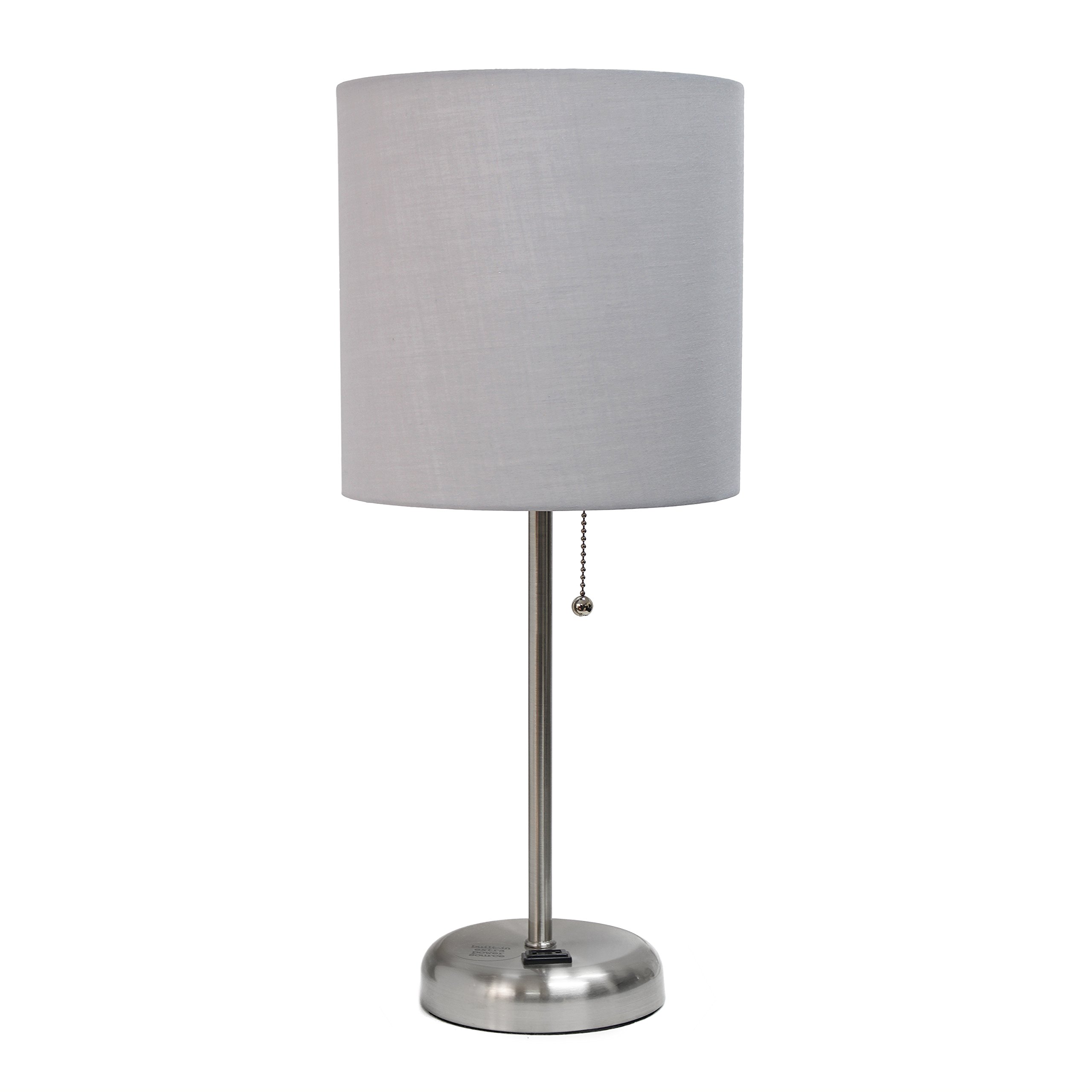 Simple Designs LT2024-GRY Brushed Steel Stick Table Desk Lamp with USB Charging Outlet & Drum Fabric Shade, Gray - Perfect for Home Office, Study, Bedroom Nightstand & Reading Nook Lighting