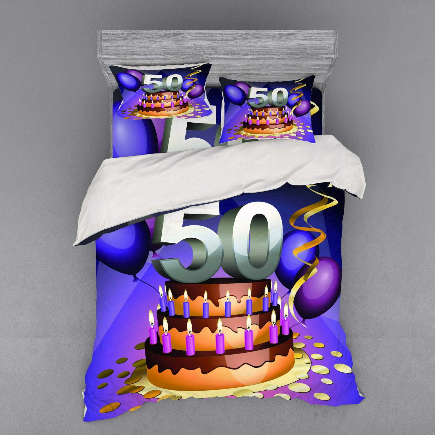 Ambesonne 50th Birthday Duvet Cover Set - Queen Size 4-Piece Bedding with Shams & Fitted Sheet | Vibrant Cake, Candles & Balloons Design | Perfect for Birthday Parties, Guest Rooms & Gift Giving