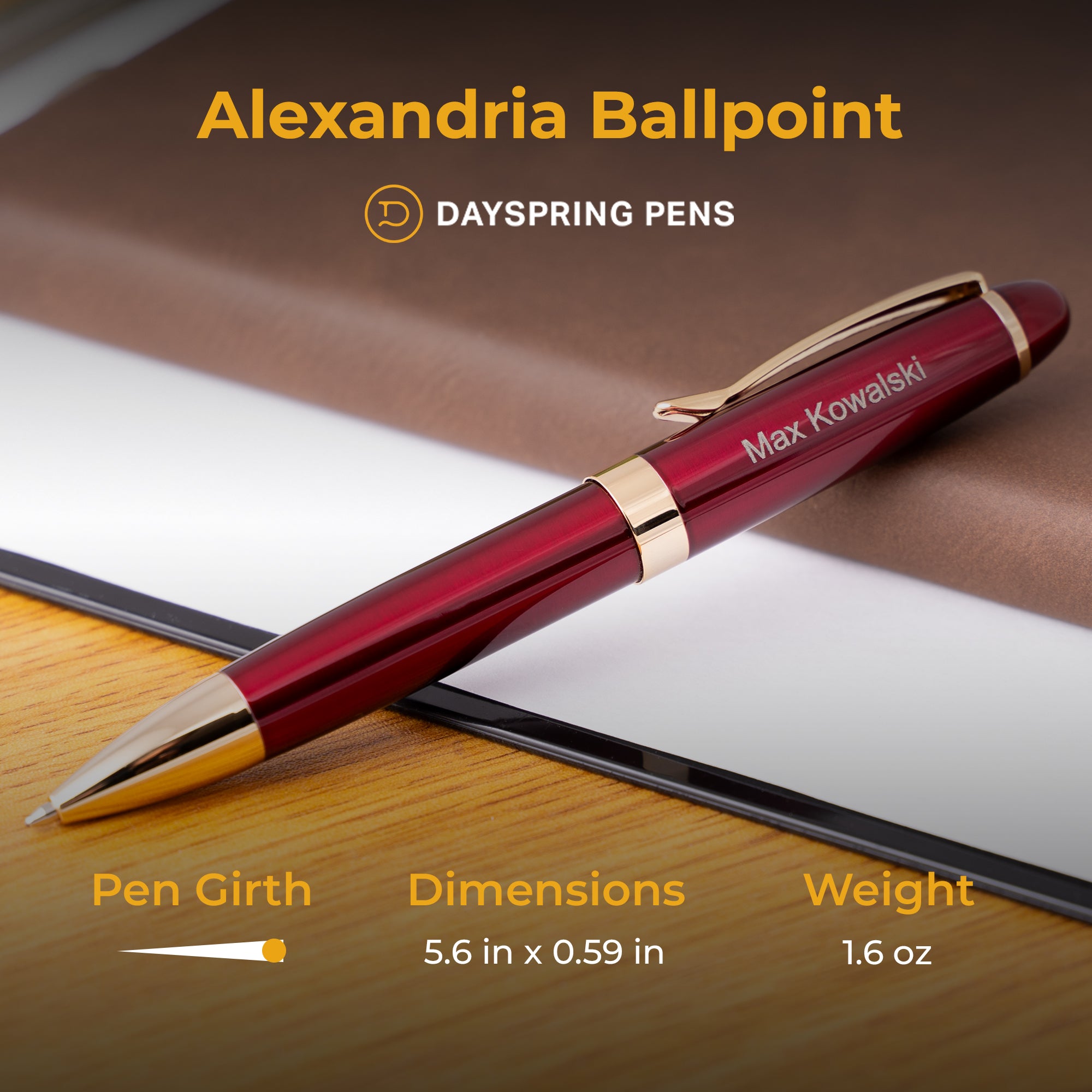 Dayspring Pens Alexandria Ballpoint Pen - Premium Red Ink Retractable Pen for Smooth Writing - Perfect for Office, School & Gift Giving