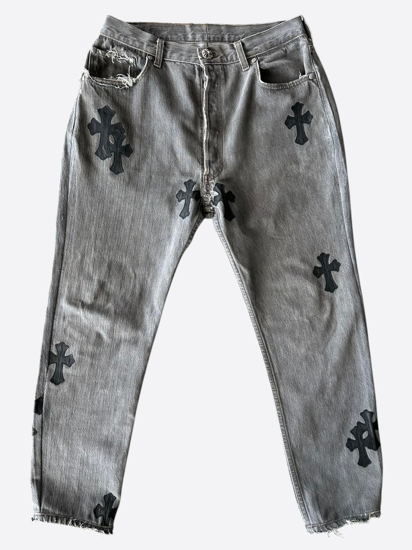 Chrome Hearts x Levi's Grey & Black Cross Patch Denim Jeans for Men - Stylish Vintage Streetwear for Casual Outfits & Night Out