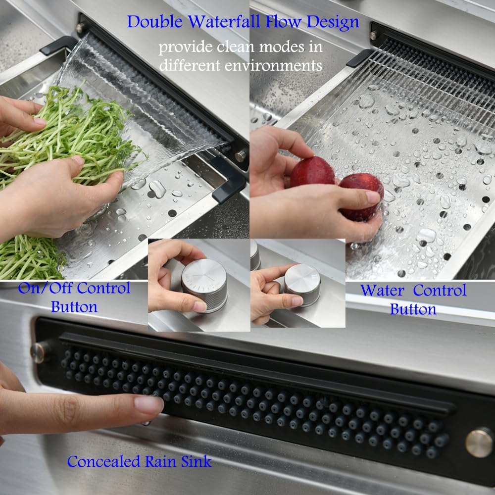 33 Inch Drop-In Waterfall Kitchen Sink with Faucet Combo - Bokaiya 33x22 Stainless Steel Single Bowl Sink, 16 Gauge, Includes Cutting Board & Workstation - Perfect for Modern Kitchens, Food Prep & Entertaining