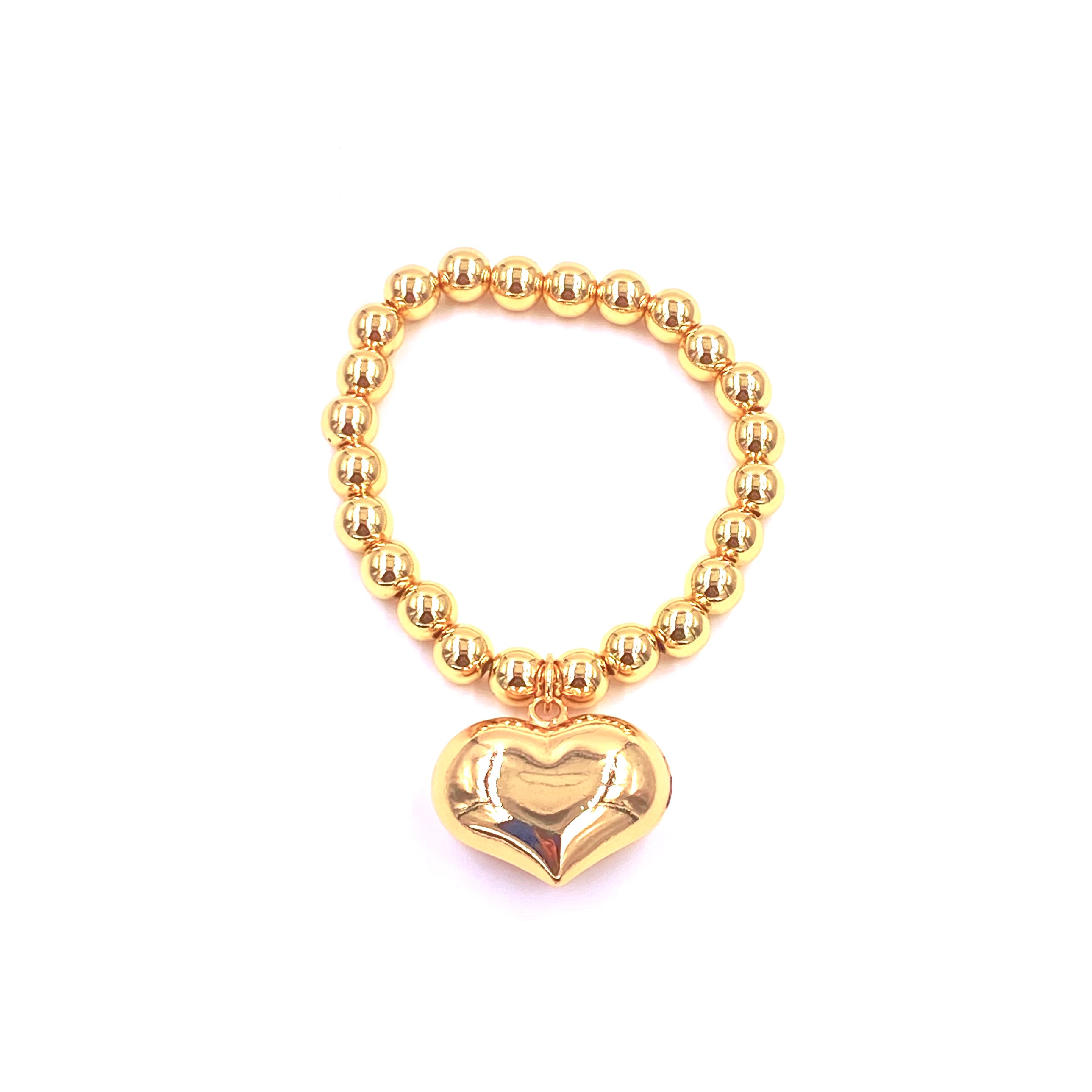 Ashley Gold Stainless Steel Ball Beaded Puff Heart Stretch Bracelet for Women - Elegant Adjustable Charm Bangle for Valentine's Day, Anniversary Gift, Party & Everyday Wear