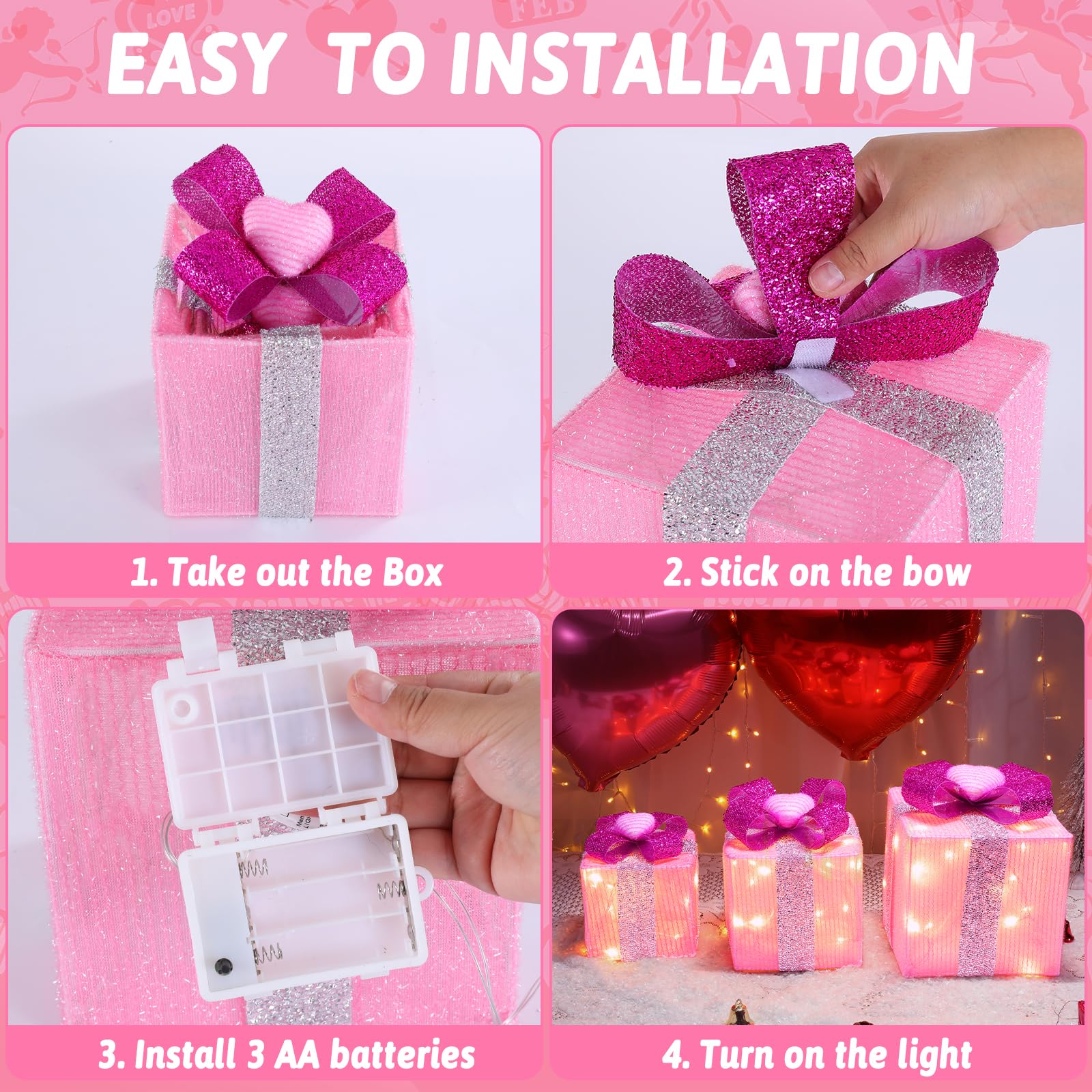Areker 3-Piece LED Lighted Gift Box Set with Timer - Battery Operated Christmas & Valentine's Day Decorations (60 Pink Heart Lights) for Indoor & Outdoor Use - Perfect for Holiday Parties, Home Decor, and Romantic Gifts