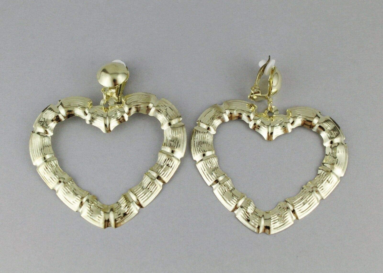 Gold Heart Clip-On Earrings for Women - Hoop & Bamboo Earrings Set - Door Knocker Style - Perfect for Parties, Weddings & Everyday Wear