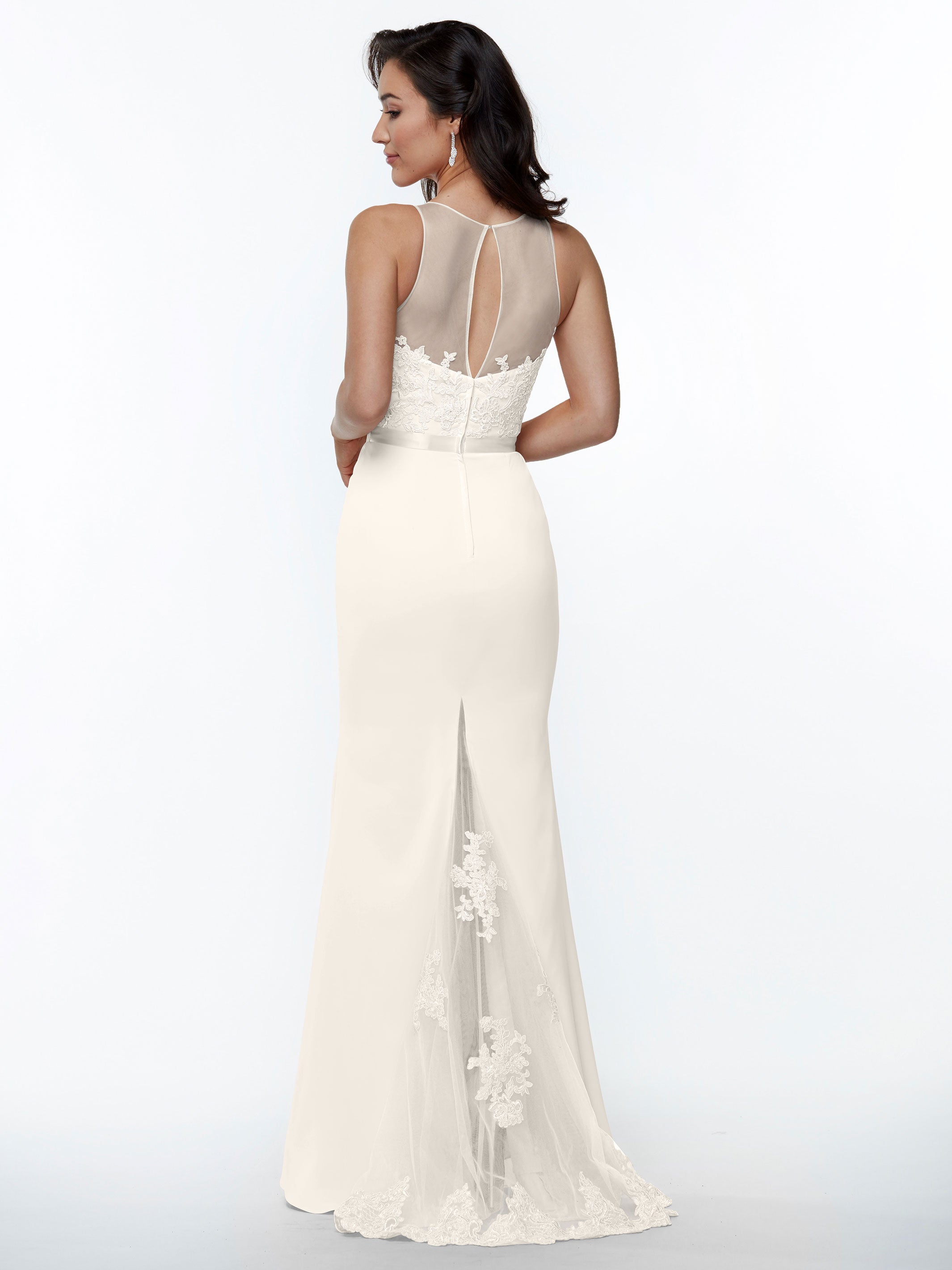 Elegant 80095 Stretch Chiffon Fit and Flare Bridesmaid Dress with Lace Illusion Bodice - Perfect for Weddings, Formal Events & Special Occasions