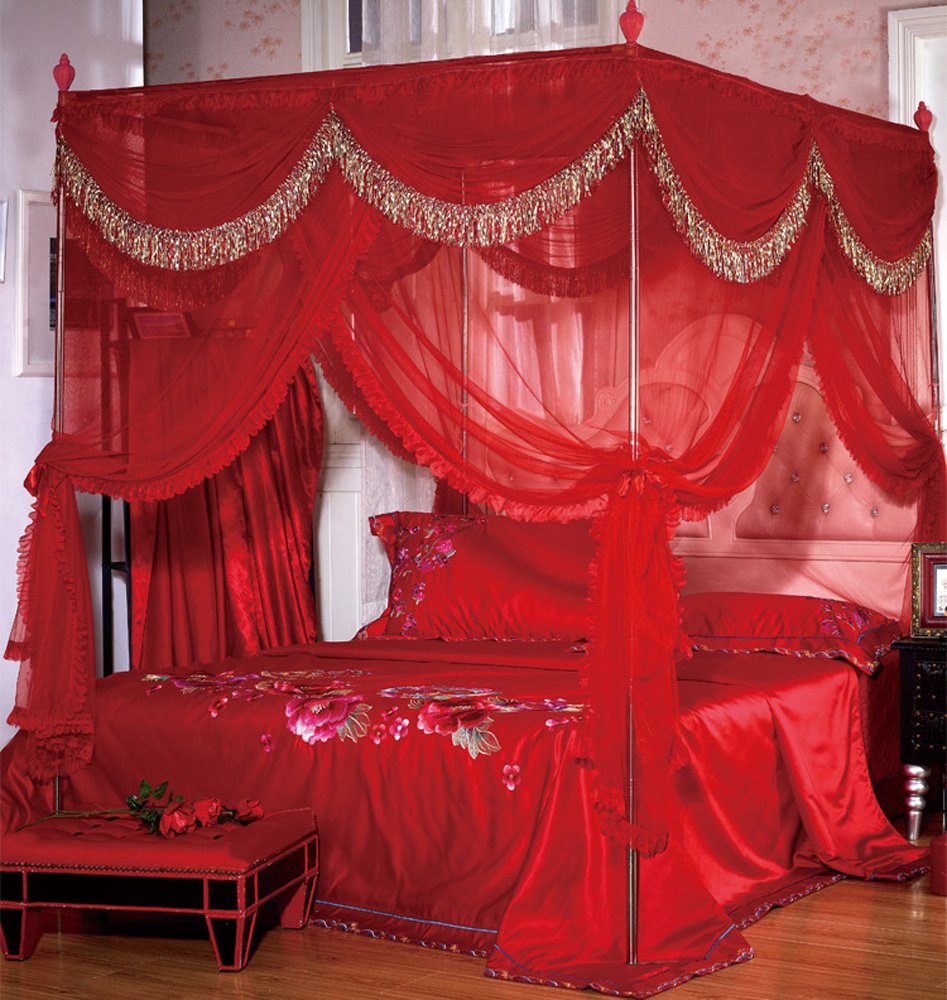 Red 4 Corner Post Bed Canopy with Net Frame - Elegant Bedroom Drapery for King Size Beds | Perfect for Romantic Decor, Privacy & Insect Protection