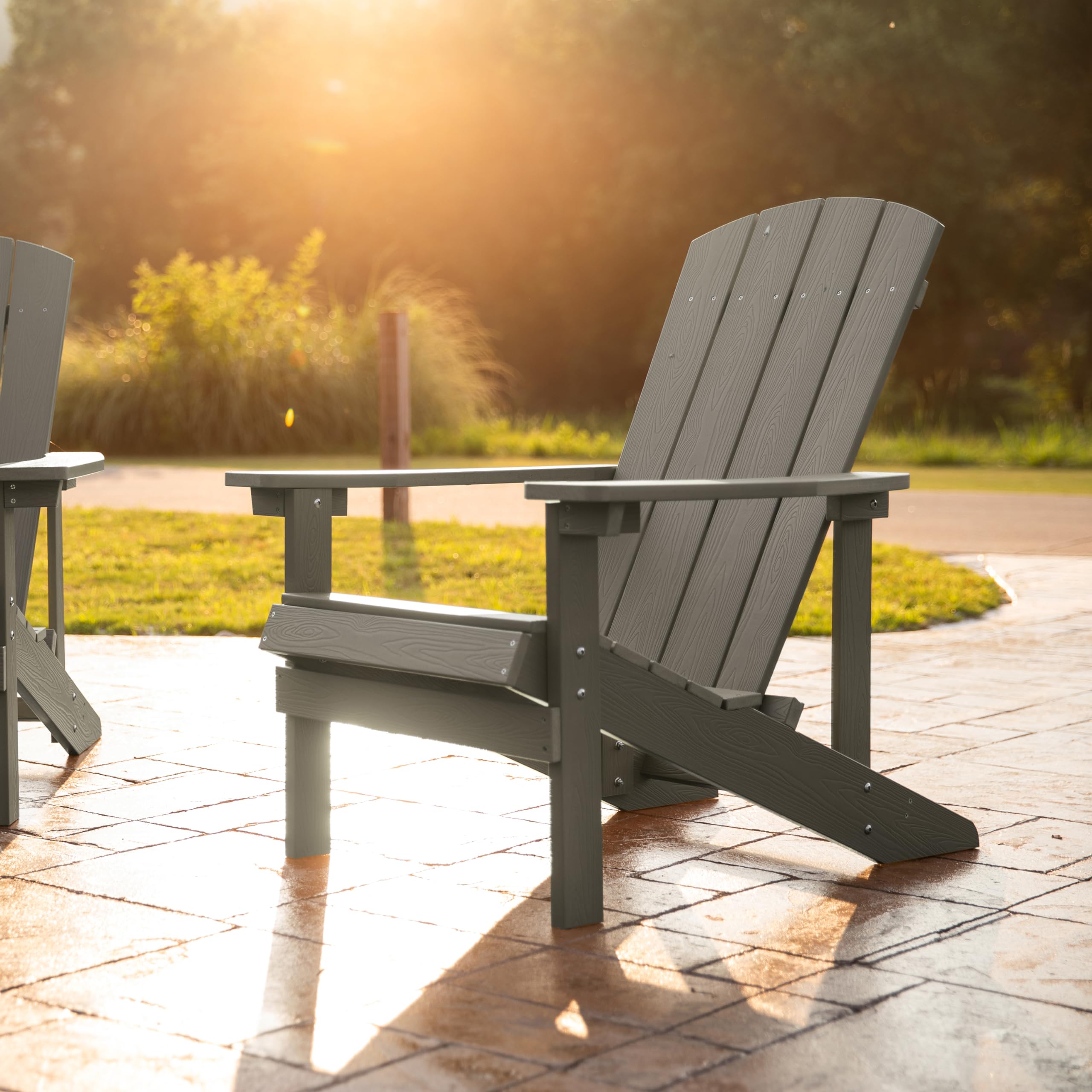 Flash Furniture Charlestown Indoor/Outdoor Faux Wood Adirondack Chair - Weather-Resistant Polyresin Patio Chair with 350 lb Weight Capacity in Gray - Perfect for Backyard, Garden, Poolside & Deck Relaxation