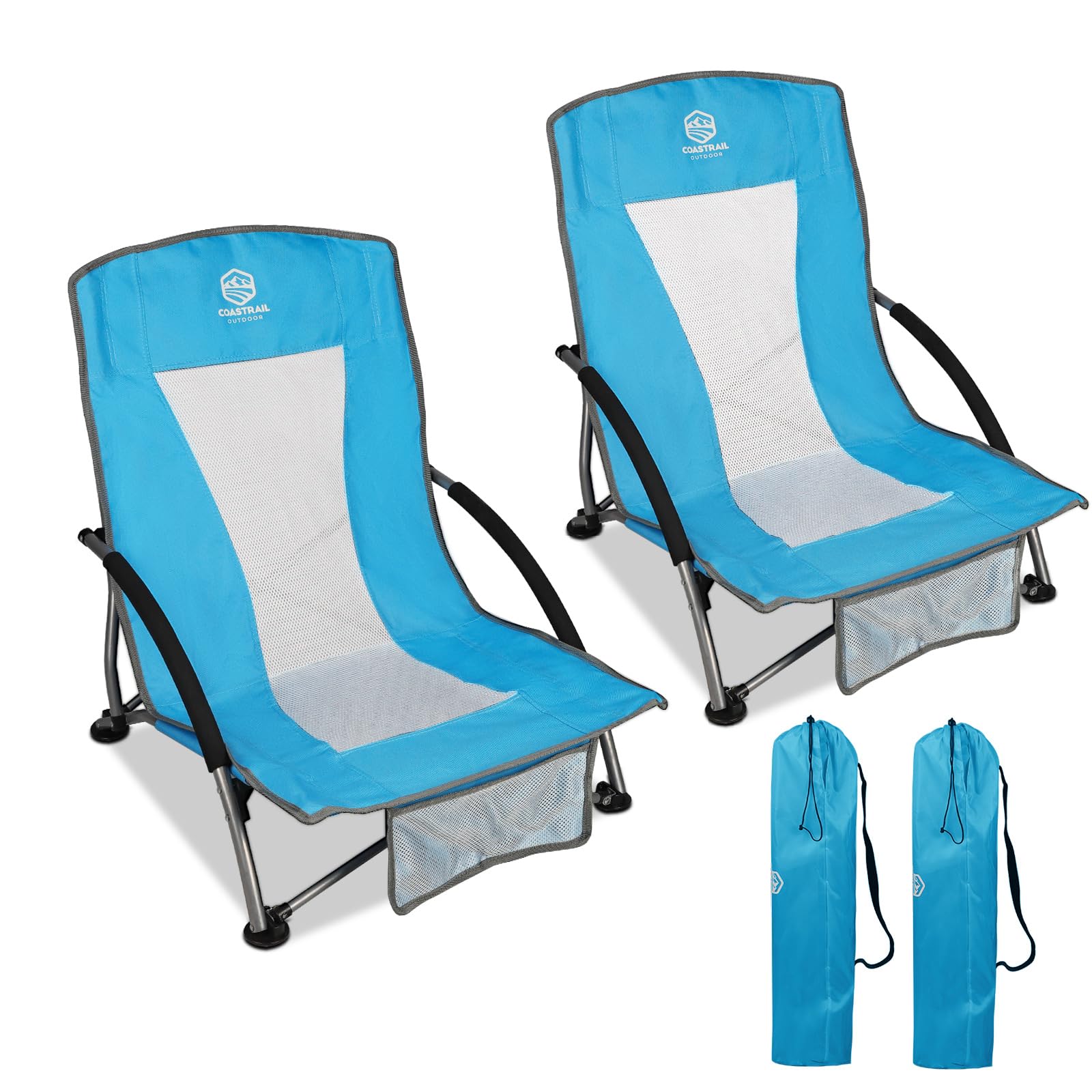Colorsoul 2 Pack Portable Folding Low Beach Chairs for Adults - Lightweight Backpacking Chairs with Mesh Back, Cup Holder & Storage Bag - Heavy Duty 250lbs Capacity - Perfect for Beach, Camping, Travel, Picnic & Outdoor Activities - Blue