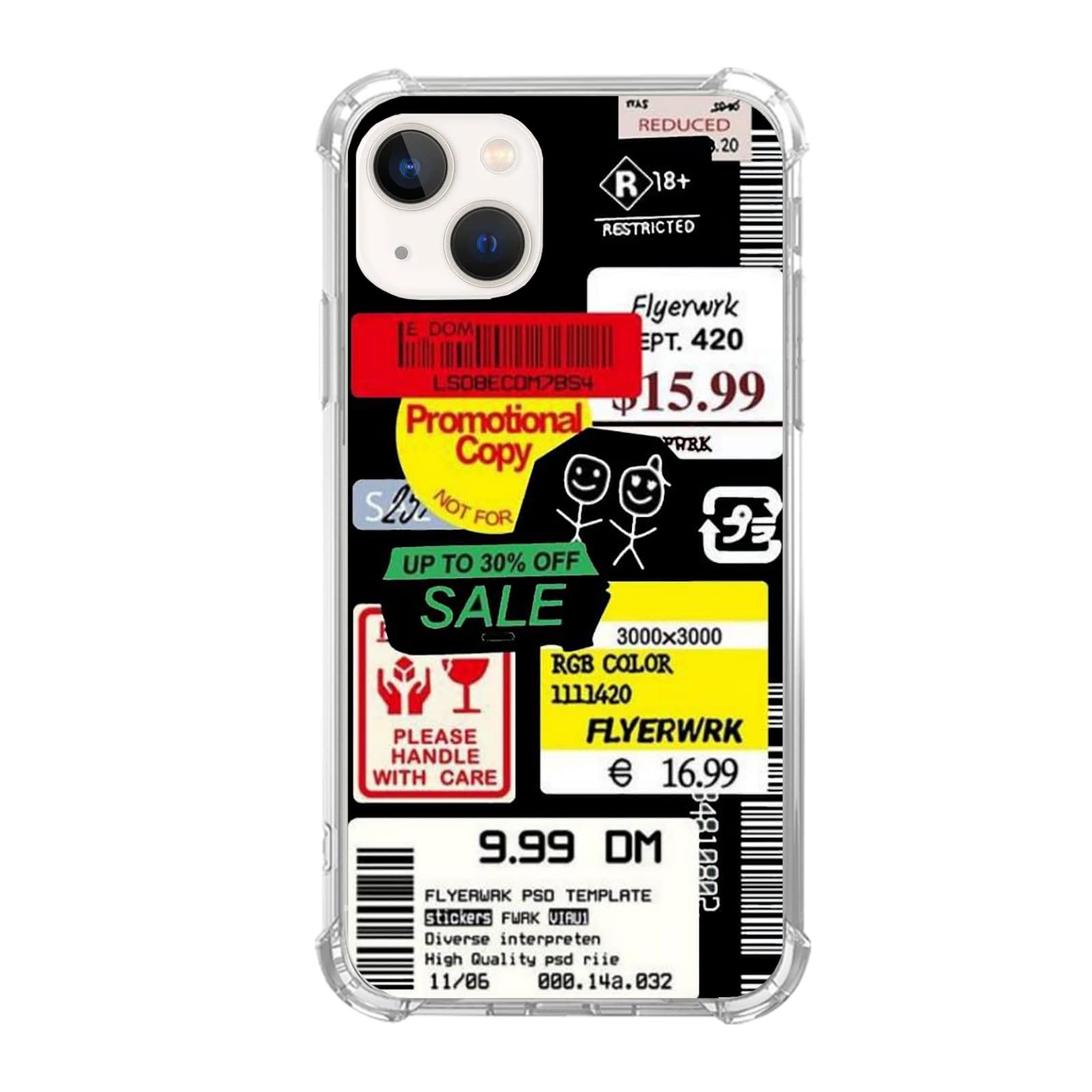 Trendy Label Sticker Design TPU Bumper Phone Case for iPhone 13 - Cool Collage Protective Cover for Women, Men, Girls & Boys - Perfect for School, Work & Daily Use