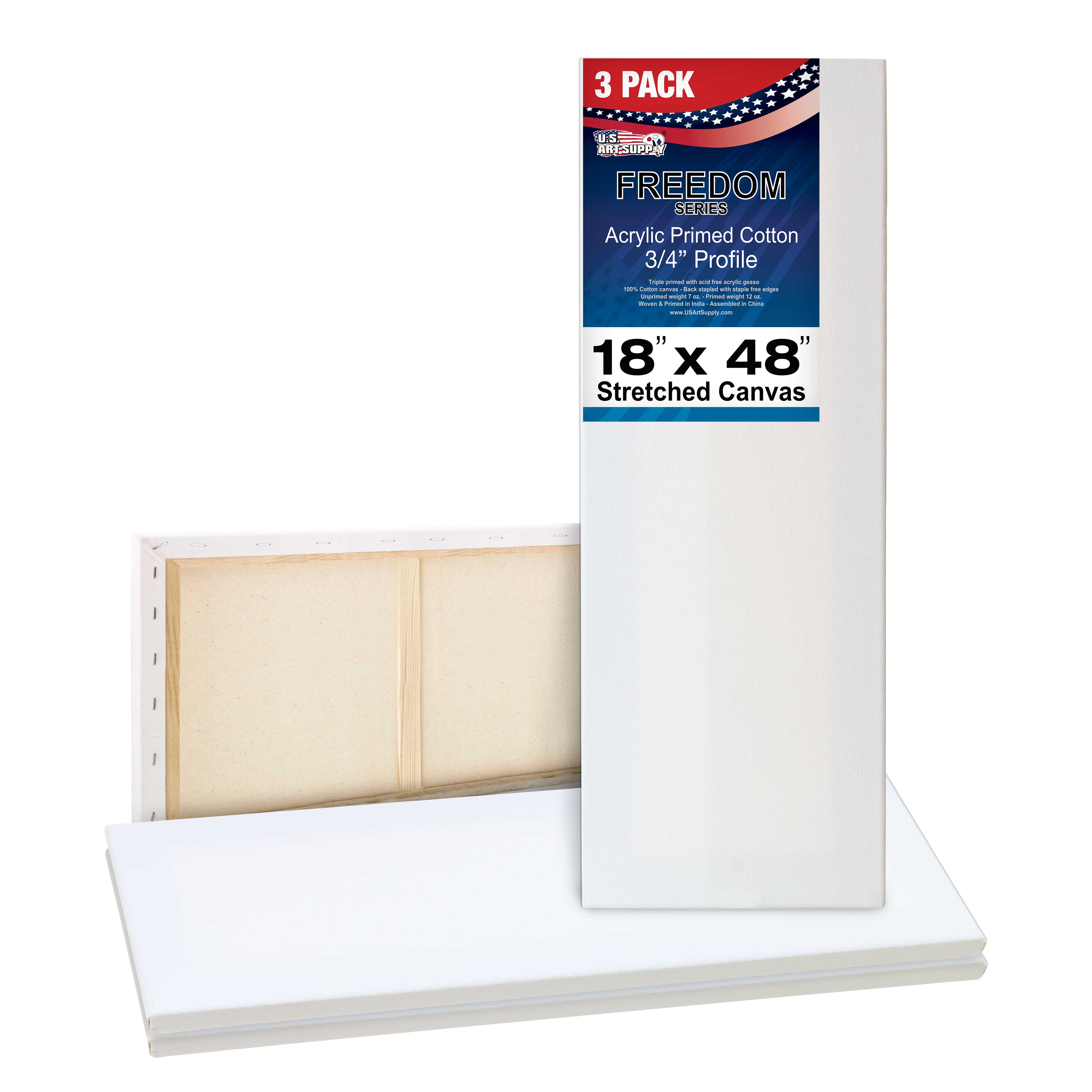 18 x 48 Inch Professional Artist Stretched Canvas - 12oz Triple Primed, 3 Pack - Heavy Weight 100% Cotton Gesso - White Blank 3/4 Profile - Perfect for Oil & Acrylic Painting, Studio Art & Home Decor
