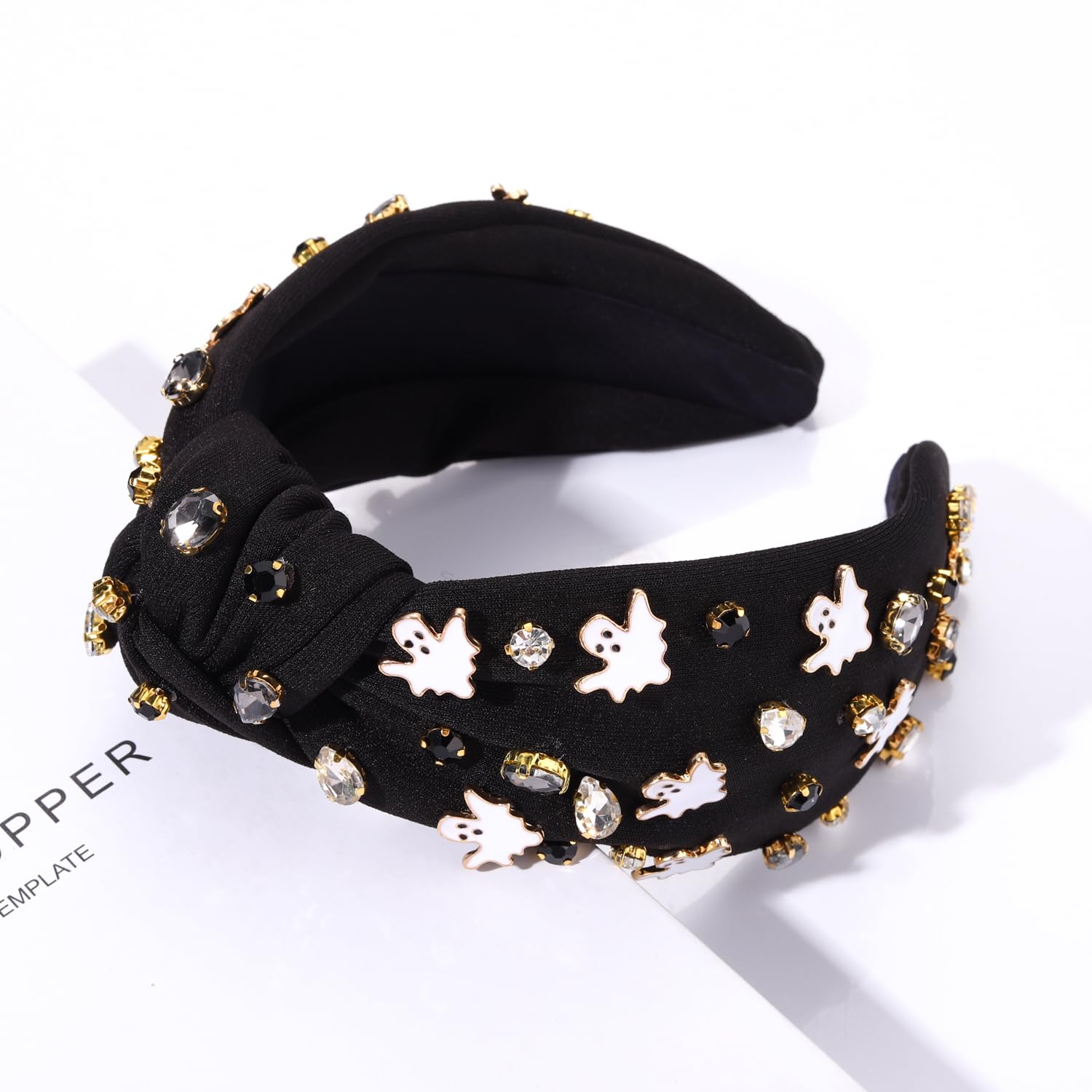 **Spooky Halloween Headband for Women - Pumpkin Spider Ghost Rhinestone Crystal Knotted Headband - Elegant Wide Top Knot Hair Accessory for Halloween Party Outfits & Costume Gifts**    *(Perfect for Halloween Parties, Trick-or-Treating, Costume Contests & Spooky Photo Shoots!)*