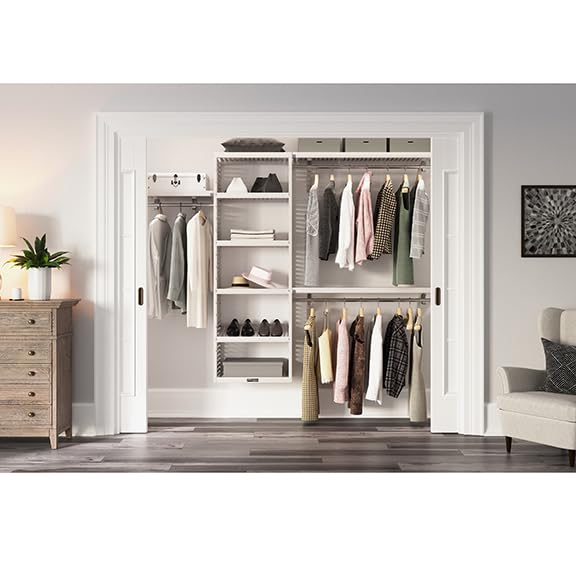 Wooden Closet Organizer System with Adjustable Shelves & Hanging Rods - Space Saving Wall Mounted Storage for Walk-in Closets - White Finish - Perfect for Bedroom, Dorm, Apartment Organization