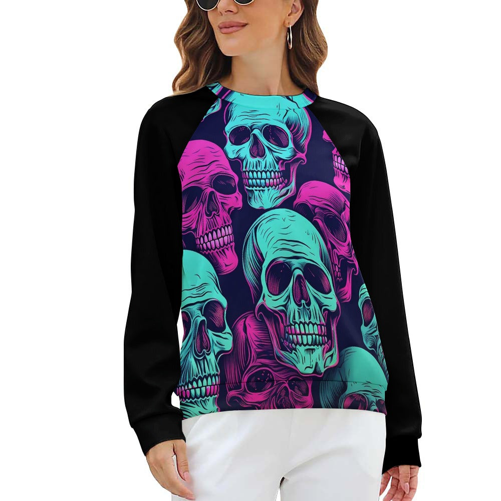 Trendy Neon Skulls Raglan Round Neck Sweater for Women - Soft & Comfortable Pullover - Perfect for Halloween, Concerts & Streetwear Fashion