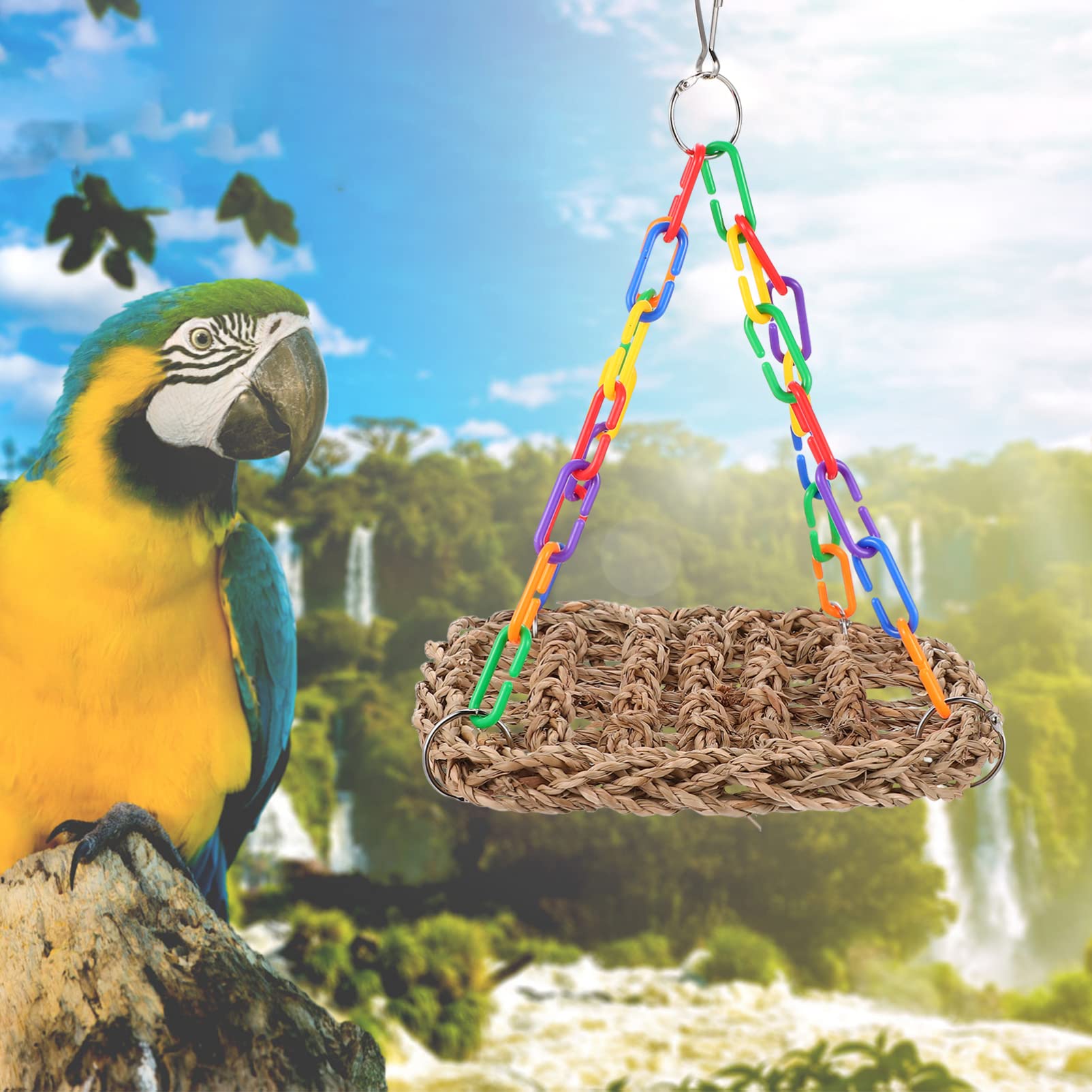 POPETPOP Bird Cage Swing - Woven Bird Perch for Budgies & Parakeets - Natural Wooden Chew Toy & Shredder - Hammock & Climbing Accessories for Parrots - Safe Teng Grass Plaything - Perfect for Cage Enrichment & Playtime