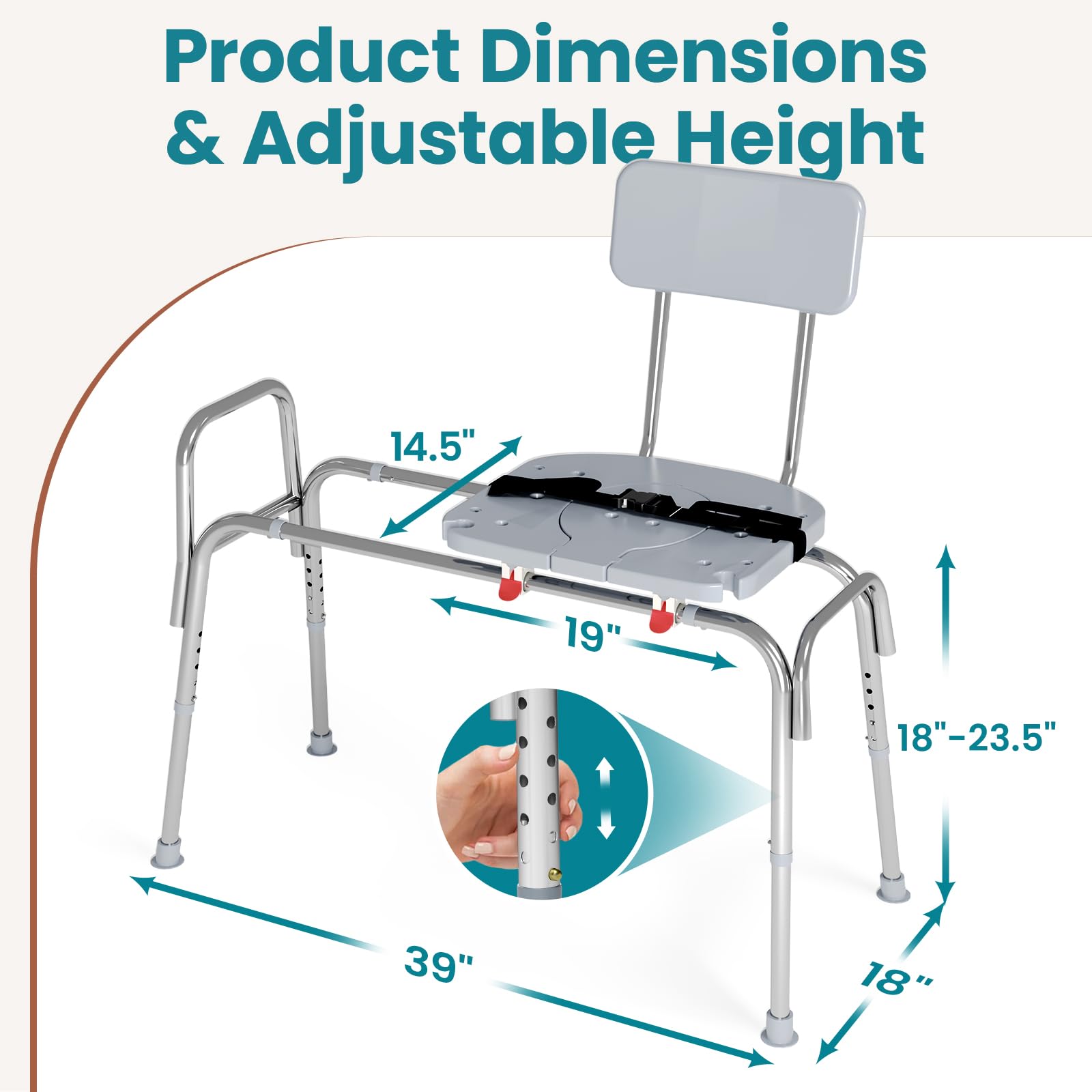 Adjustable Height Sliding Shower Chair with Non-Slip Aluminum Frame & Safety Belt - 400Lbs Capacity Shower Transfer Bench for Elderly & Handicap - Ideal for Bathroom Safety, Assisted Showering & Mobility Support