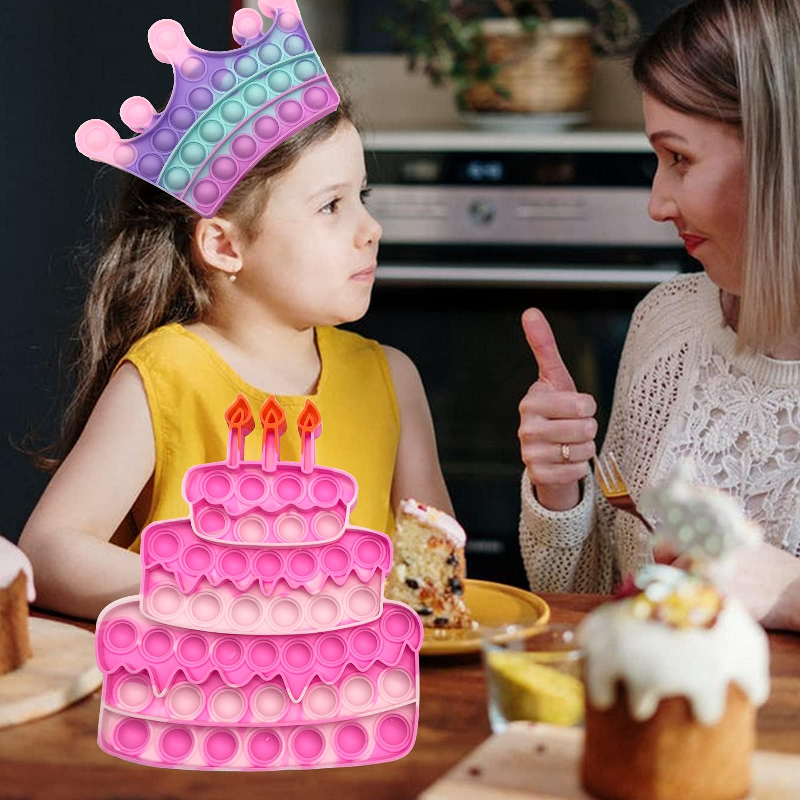 QETRABONE 4 Pack Birthday Cake Crown Fidget Toys for Girls - Pop Bubble Sensory Toys, Stress Relief Gifts for Autism & Anxiety - Perfect for Birthday Parties, Classroom Rewards & Calming Therapy