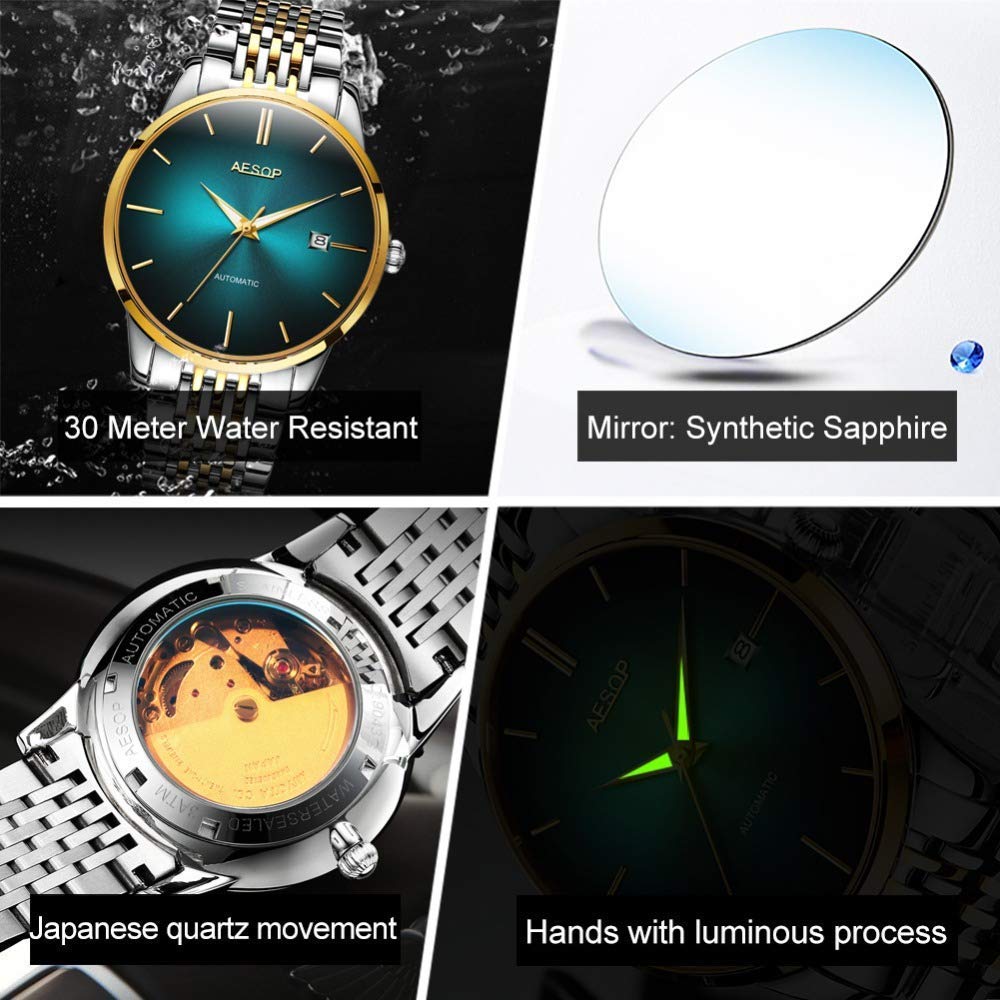 Gosasa Men's Automatic Luxury Watch - Stainless Steel Band, Date Display, Waterproof, Two-Tone Design for Business & Casual Wear | Perfect for Office, Parties & Everyday Use