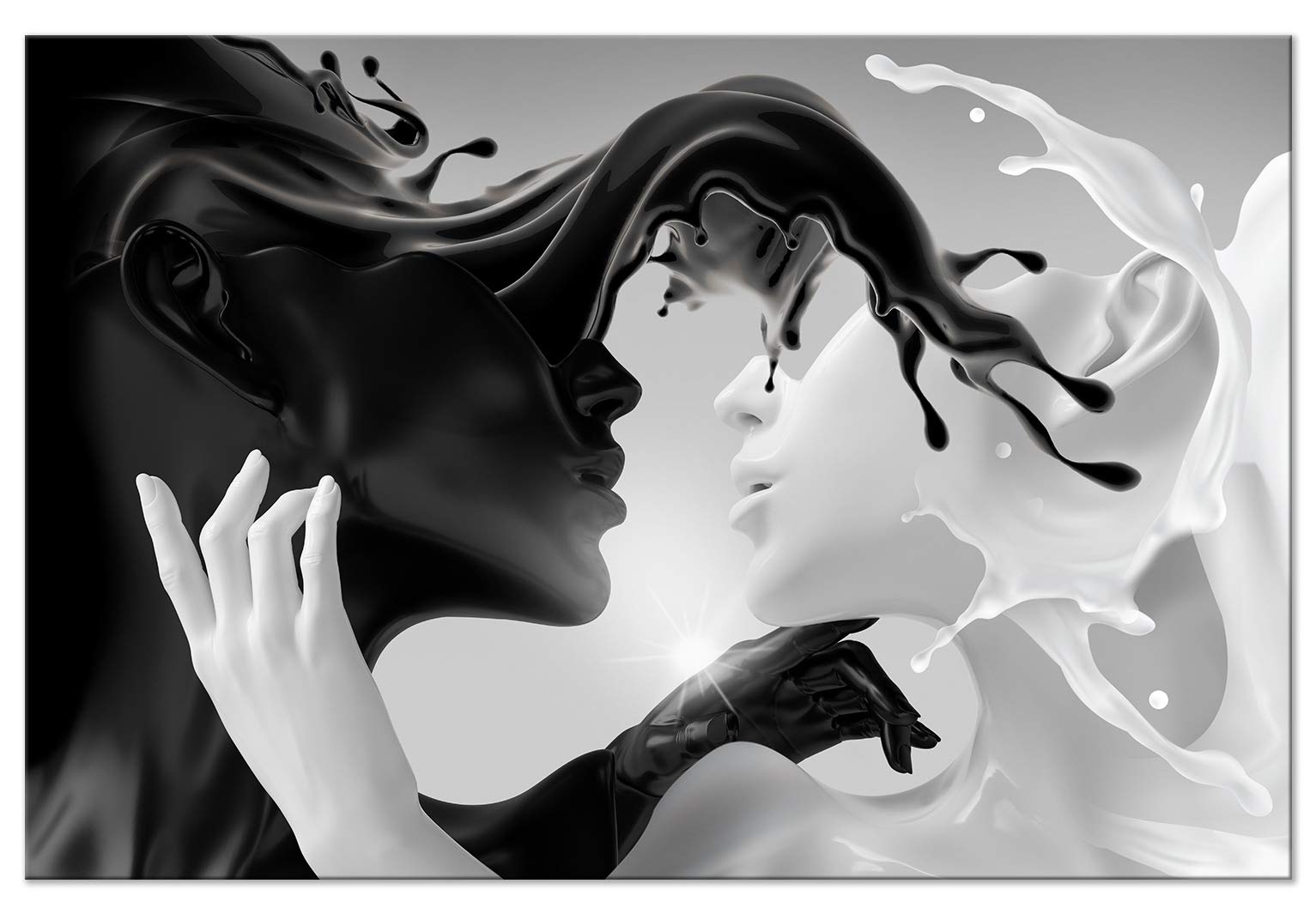 Artgeist Framed Canvas Wall Art Print - Coffee & Milk Love Abstract Couple Faces Black White Painting (35x24 inches) - Perfect for Living Room, Bedroom & Office Decor