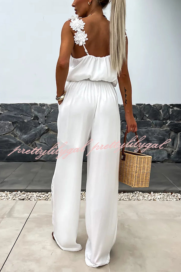 Solid Color Embroidered Flower Suspenders Casual Loose Jumpsuit for Women | Summer Boho Romper | Outdoor Music Festival & Beach Vacation Outfit