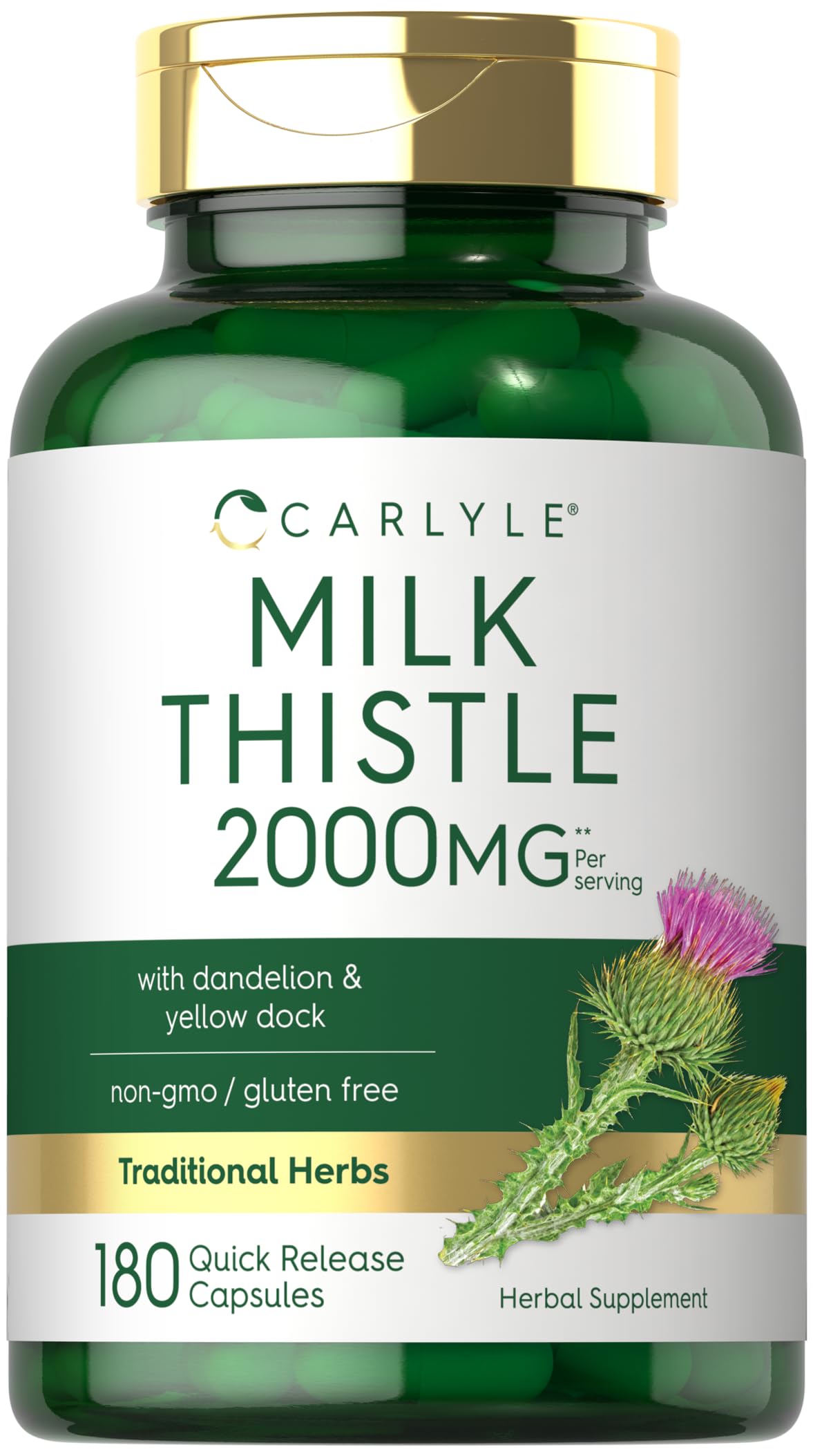 Carlyle Milk Thistle 2000mg Supplement | 180 Capsules with Dandelion & Yellow Dock | Non-GMO, Gluten Free Liver Support | Natural Detox & Digestive Health for Daily Wellness
