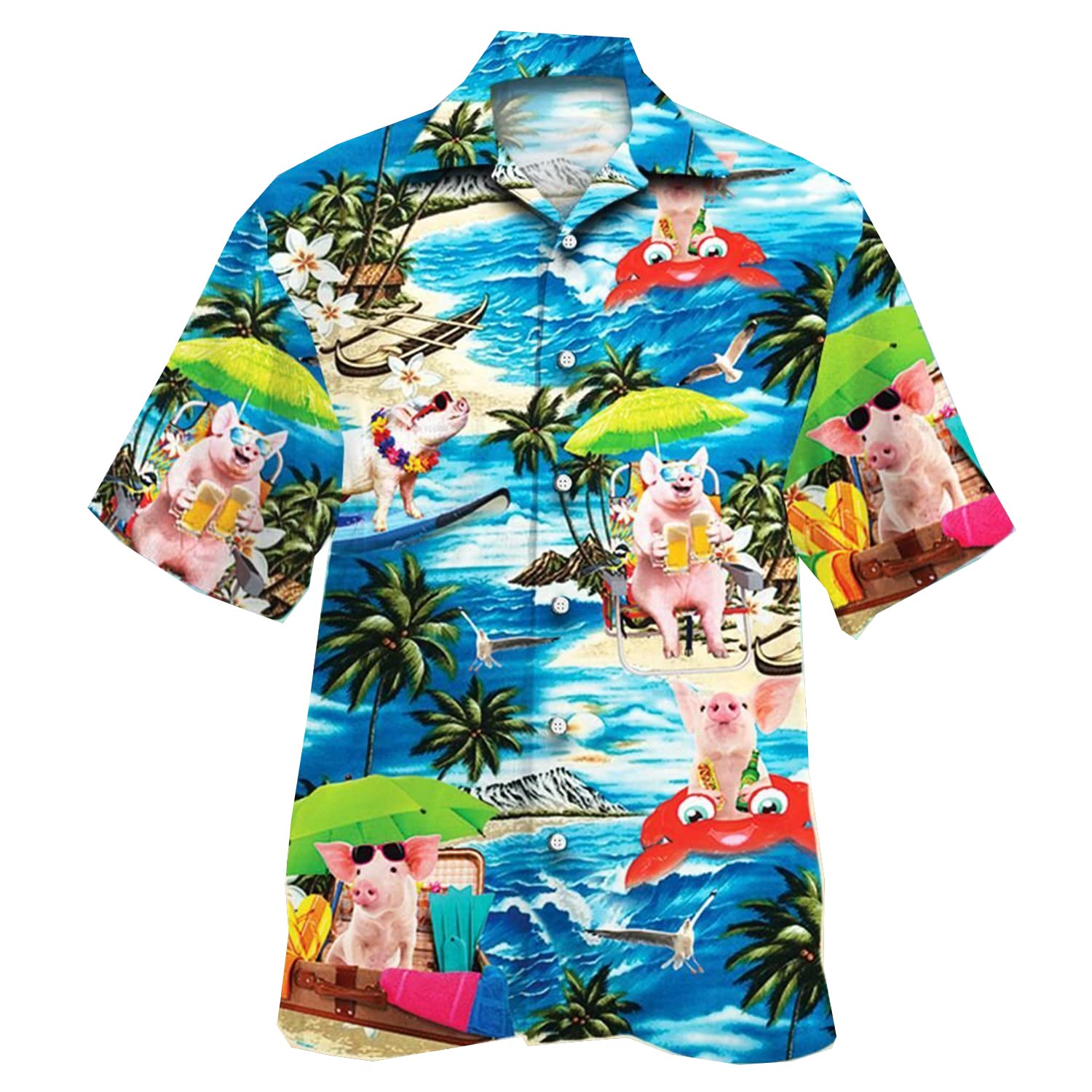 Men's Tropical Pig Hawaiian Shirt - Cute Animal Print Short Sleeve Button Down Shirt for Summer Beach Vacation, Luau Party & Casual Wear