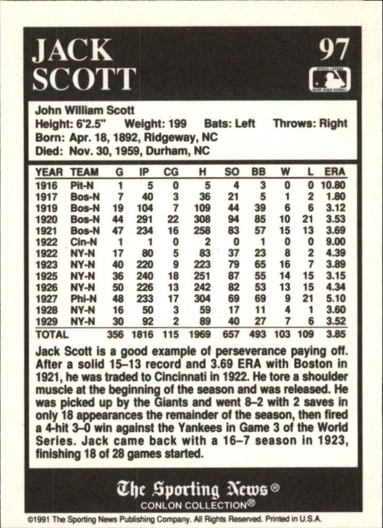 1991 Conlon TSN Baseball Card #97 Jack Scott - Vintage Sports Collectible for Display