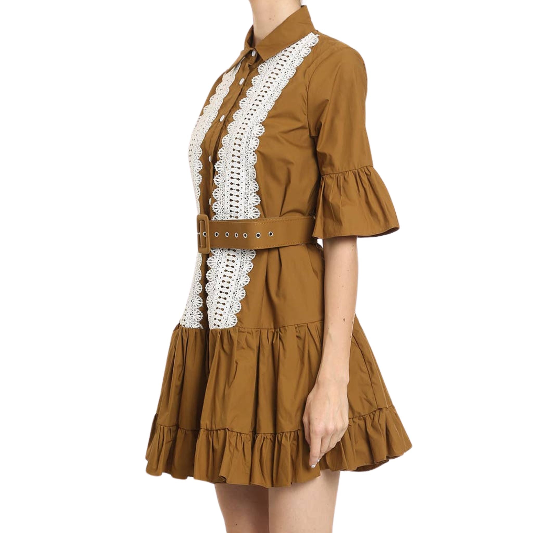 Elegant Ruffled Front Lace Detail Mini Dress with Adjustable Belt - Perfect for Date Night & Summer Parties