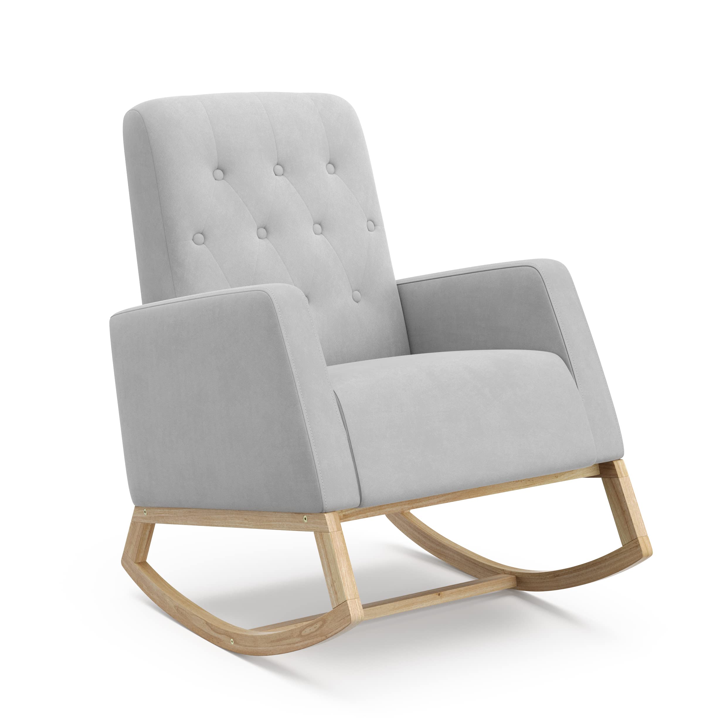 Storkcraft Northern Lights Nursery Rocker - Upholstered Button-Tufted Rocking Chair with Gentle Motion & Solid Wood Base (Steel/Natural) | Perfect for Baby Nurseries, Breastfeeding & Relaxing Moments