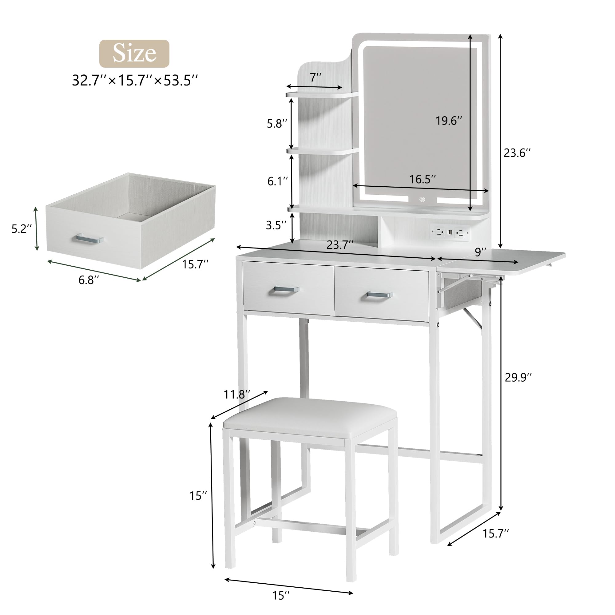 White Makeup Vanity Desk with LED Lights & Mirror - Small Dressing Table with Fabric Storage Drawer, Chair & Shelves - Fold-Up Panel & Power Outlet - Perfect for Bedroom, Dorm Room or Beauty Salon