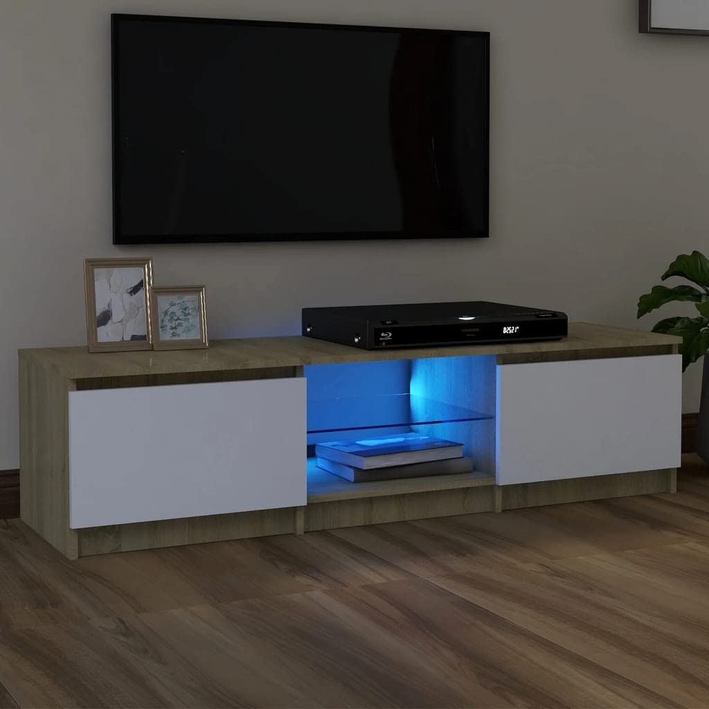 Sywamol TV Stand for 65 Inch TV with Storage & LED Lights - Modern TV Cabinet in White & Sonoma Oak (55.1