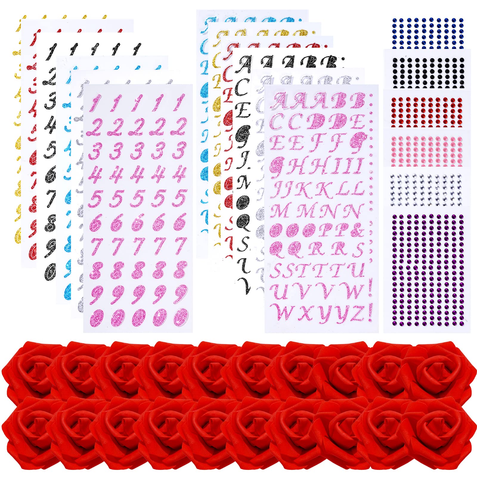 38-Piece DIY Graduation Cap Decorations Kit with Rhinestones, Letters, Numbers & Red Rose Faux Flowers – Perfect for Grad Cap Customization, Party Decor, and Photo Backdrops