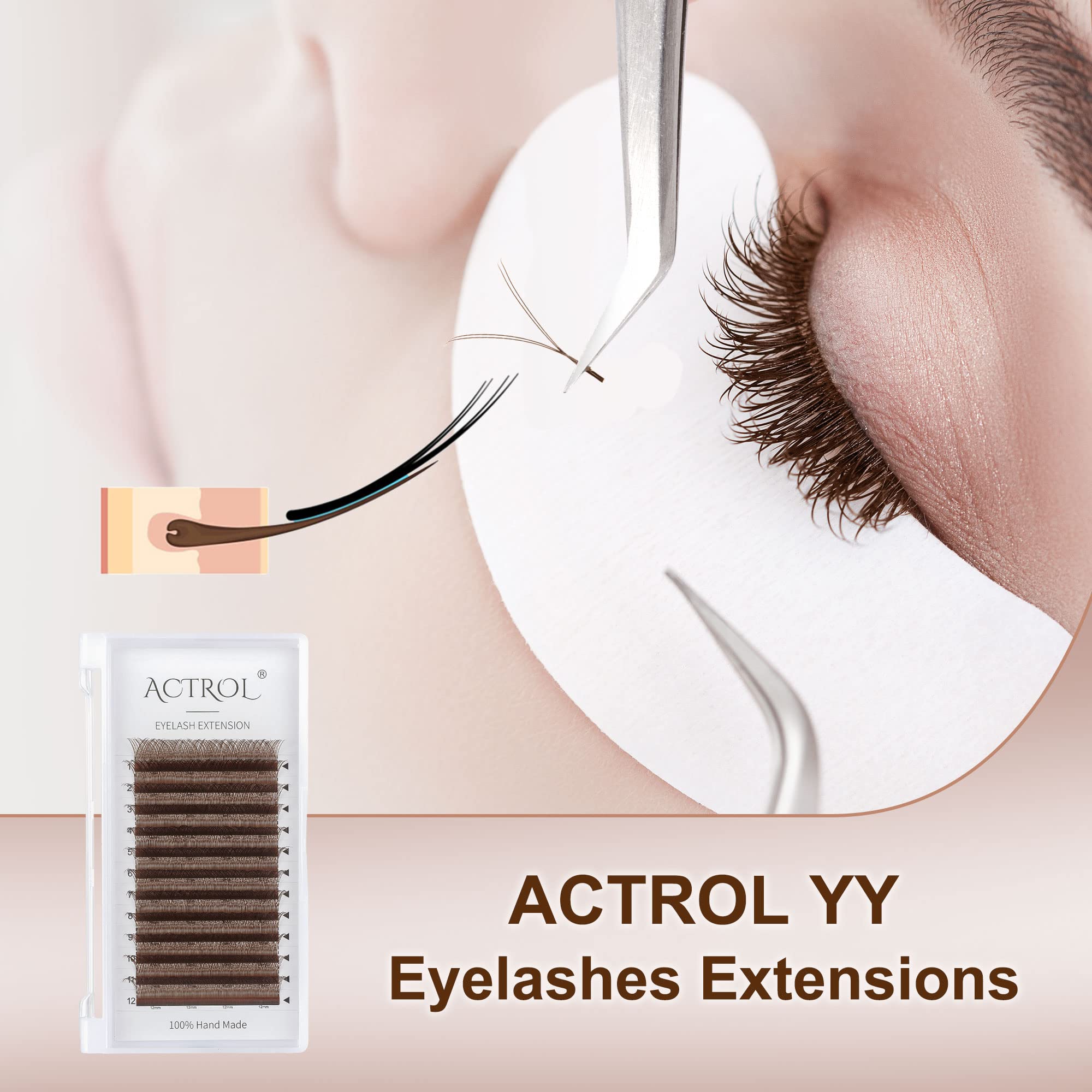 Premium YY Eyelash Extensions - Natural Brown 0.07mm C Curl 10mm Volume Lashes | Easy Fan Y-Shaped Premade Soft Lashes for Professional Salon & Home Use