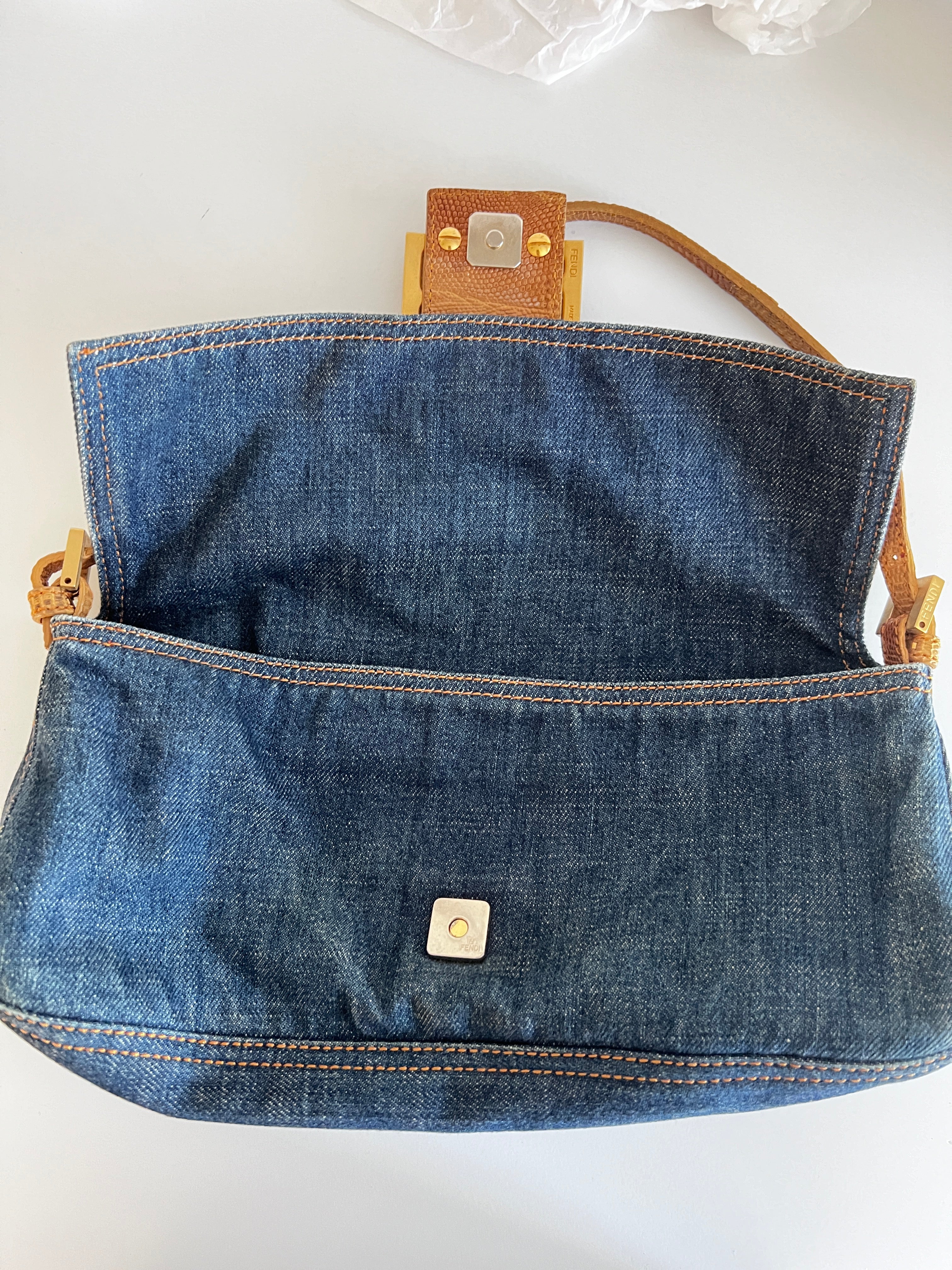 Vintage Fendi Lizard Skin Trimmed Denim Baguette Bag - Luxury Designer Crossbody Purse for Women, Perfect for Parties, Date Nights & Special Occasions