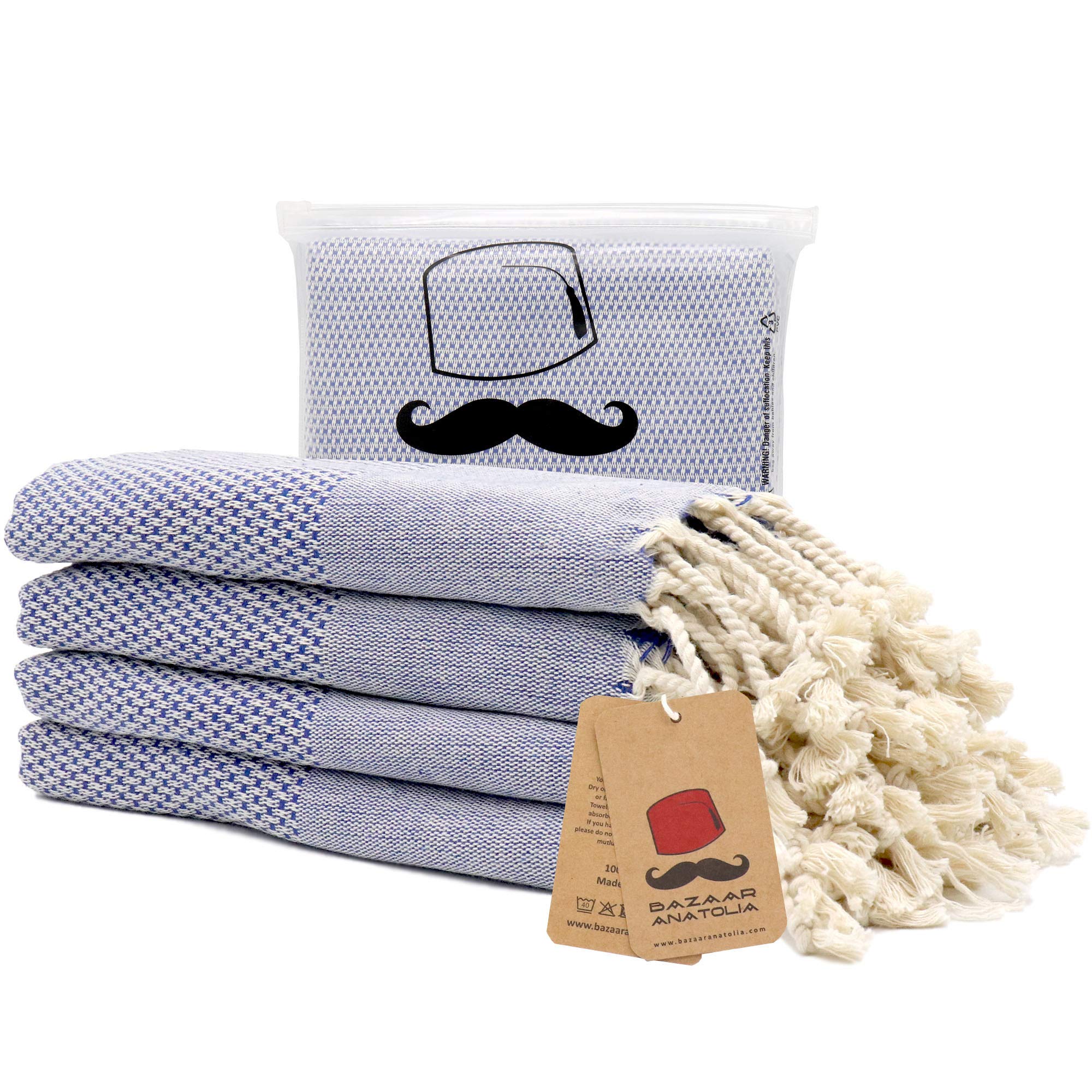 Bazaar Anatolia Turkish Hand Towels Set of 4 - 100% Cotton Acacia Bath Towels 41x20 Inches | Quick Dry, Absorbent & Soft | Perfect for Bathroom, Gym, Kitchen & Spa Decor (Royal Navy Dark Blue)