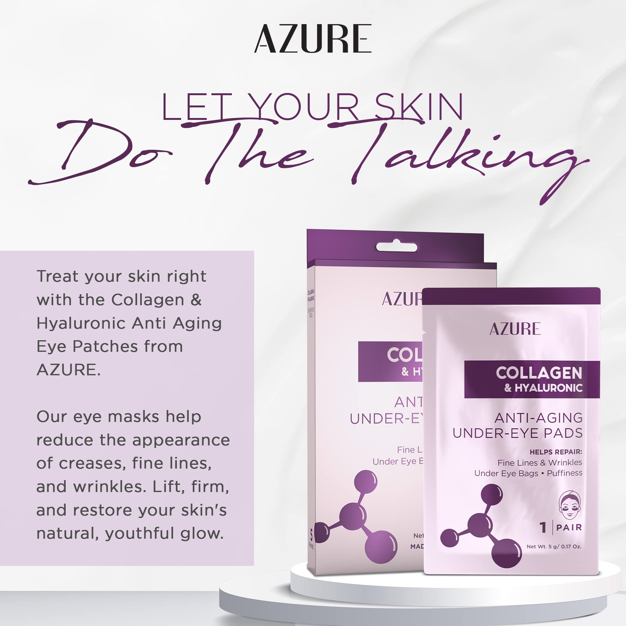 Azure Cosmetics Collagen & Hyaluronic Acid Eye Pads - Anti-Aging Under Eye Mask Patches for Dark Circles, Wrinkles & Puffiness - Korean Made Lifting & Moisturizing Treatment - 5 Pairs - Perfect for Night Routine & Travel Skincare
