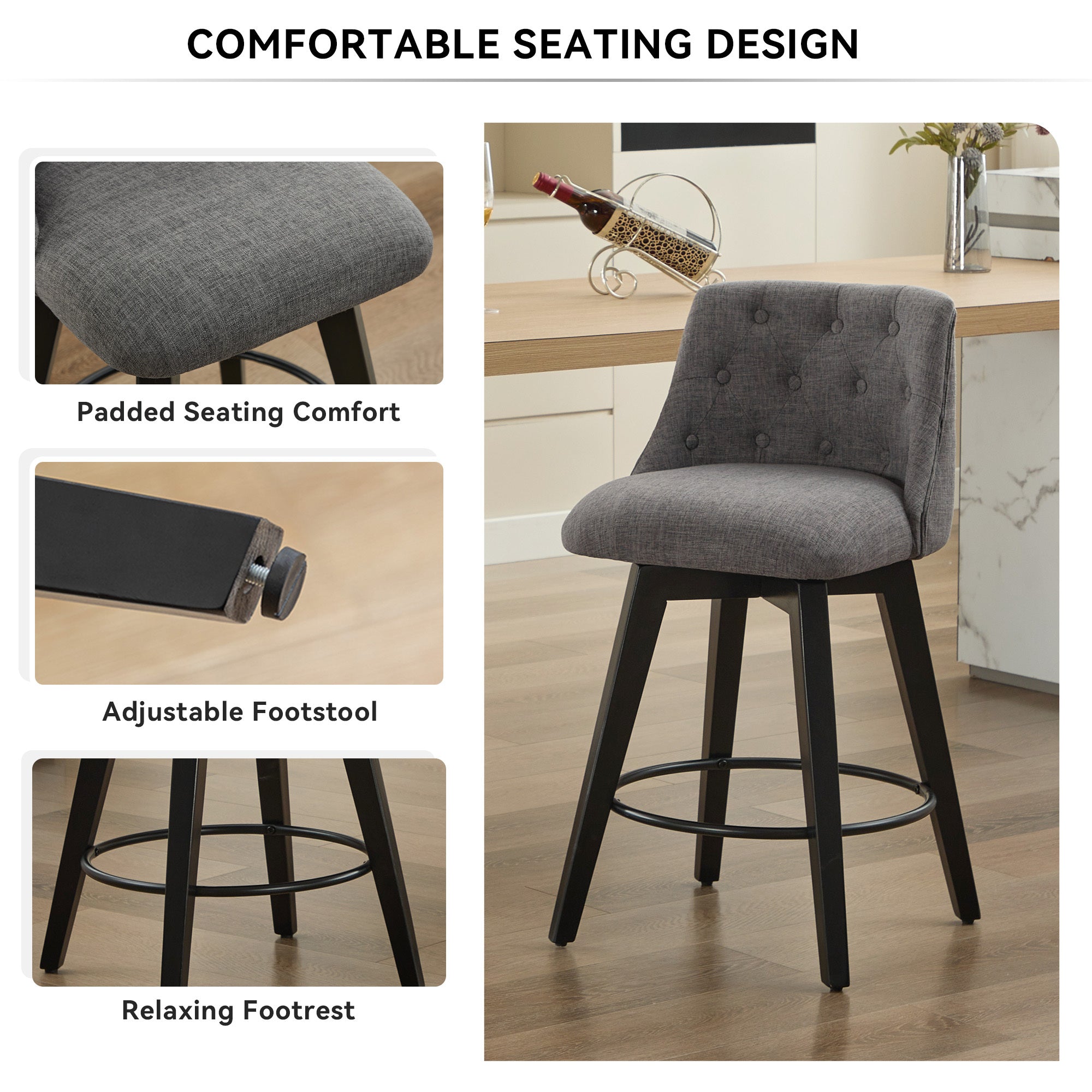 Modern 25' Swivel Bar Stools Set of 2 - Counter Height Stools with Linen Upholstery & Button Tufted Back, Solid Wood Frame for Kitchen Island, Home Bar or Breakfast Nook - Perfect for Entertaining Guests or Casual Dining