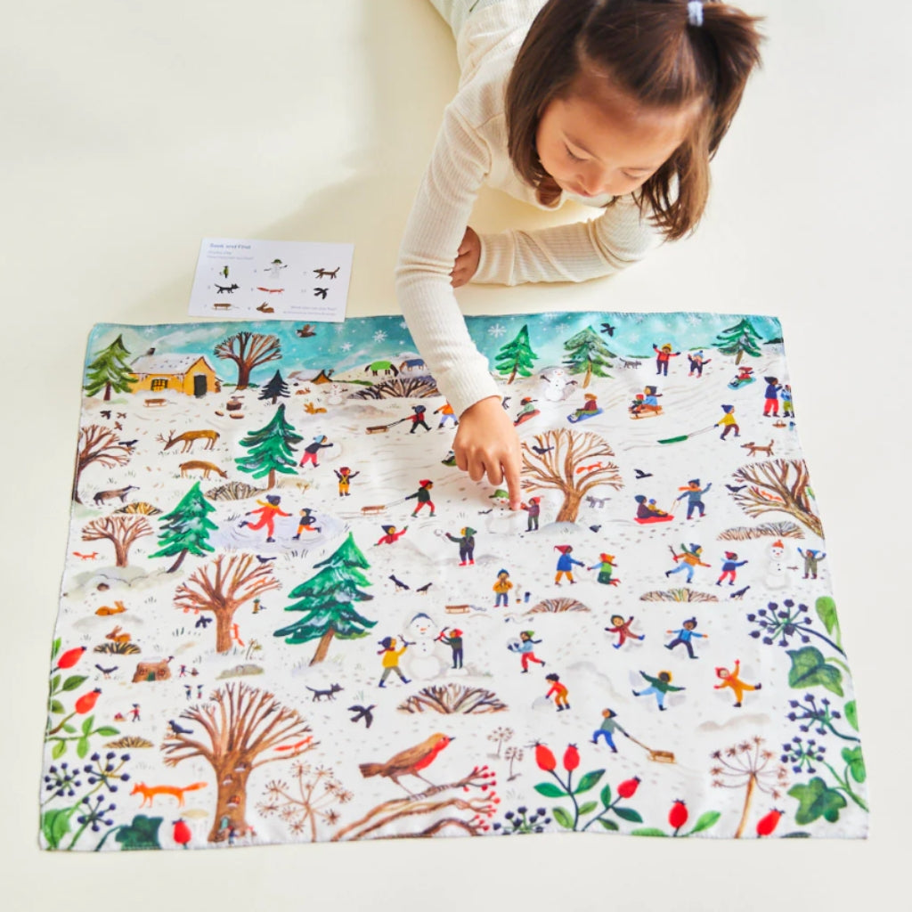 Sarah's Silk Seek & Find MINI Playsilk - Snowy Day Sensory Play Scarf for Toddlers - Perfect for Hide & Seek Games, Dress Up, and Outdoor Winter Adventures