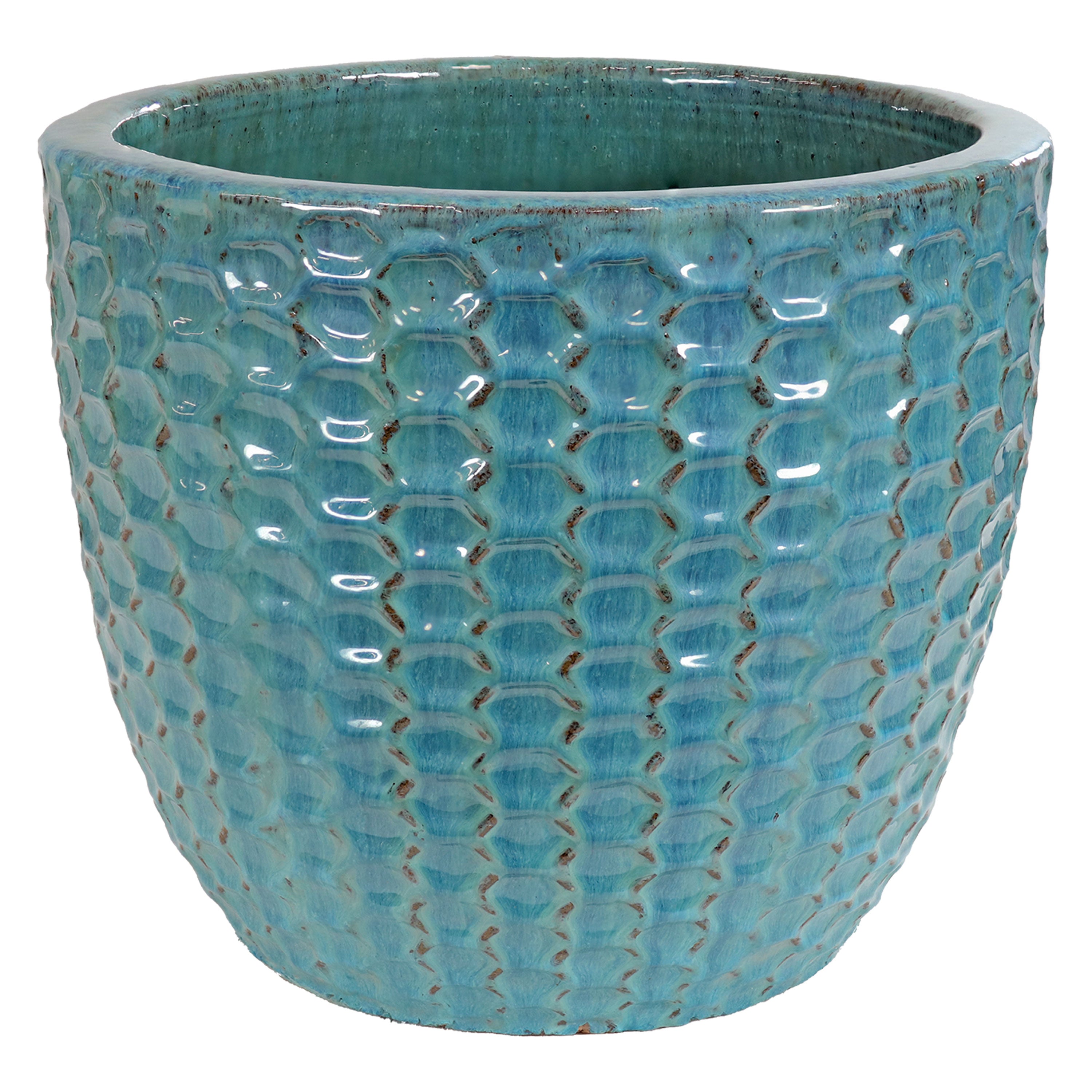 Sunnydaze 14 Inch Ceramic Plant Pot with Turquoise Raised Hexagon Pattern - Indoor Outdoor Flower Planter for Home Garden, Patio, and Balcony Decor