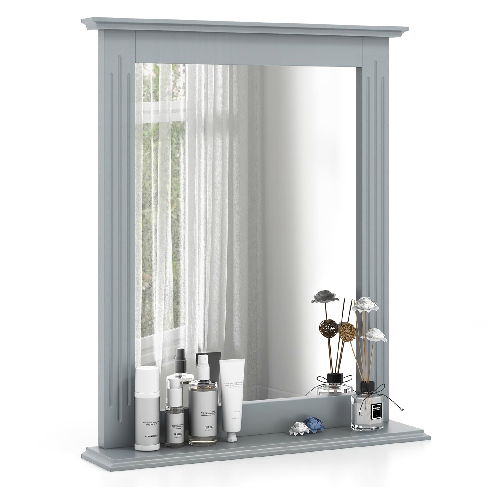 Tangkula Square Bathroom Wall Mirror with Shelf - Modern Vanity Mirror for Makeup, Dressing Room, Washroom & Bedroom - Wall Mounted Hanging Mirror (Grey) | Perfect for Daily Grooming, Home Decor & Small Space Organization