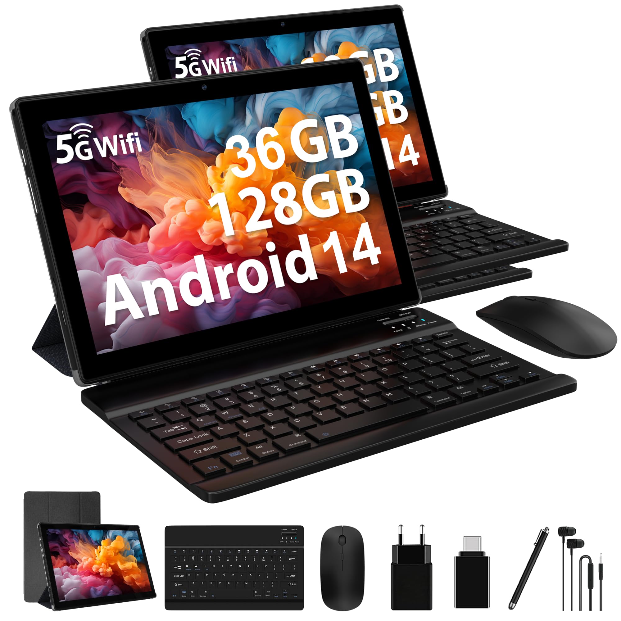 FORUSER 10 Inch Android Tablet with Keyboard - 5G WiFi, 2.0Ghz Octa-Core, 36GB RAM 128GB ROM (Expandable to 1TB), 8000mAh Battery - Includes Case, Mouse, Earbuds & Stylus (Black) - Perfect for Work, Study & Entertainment