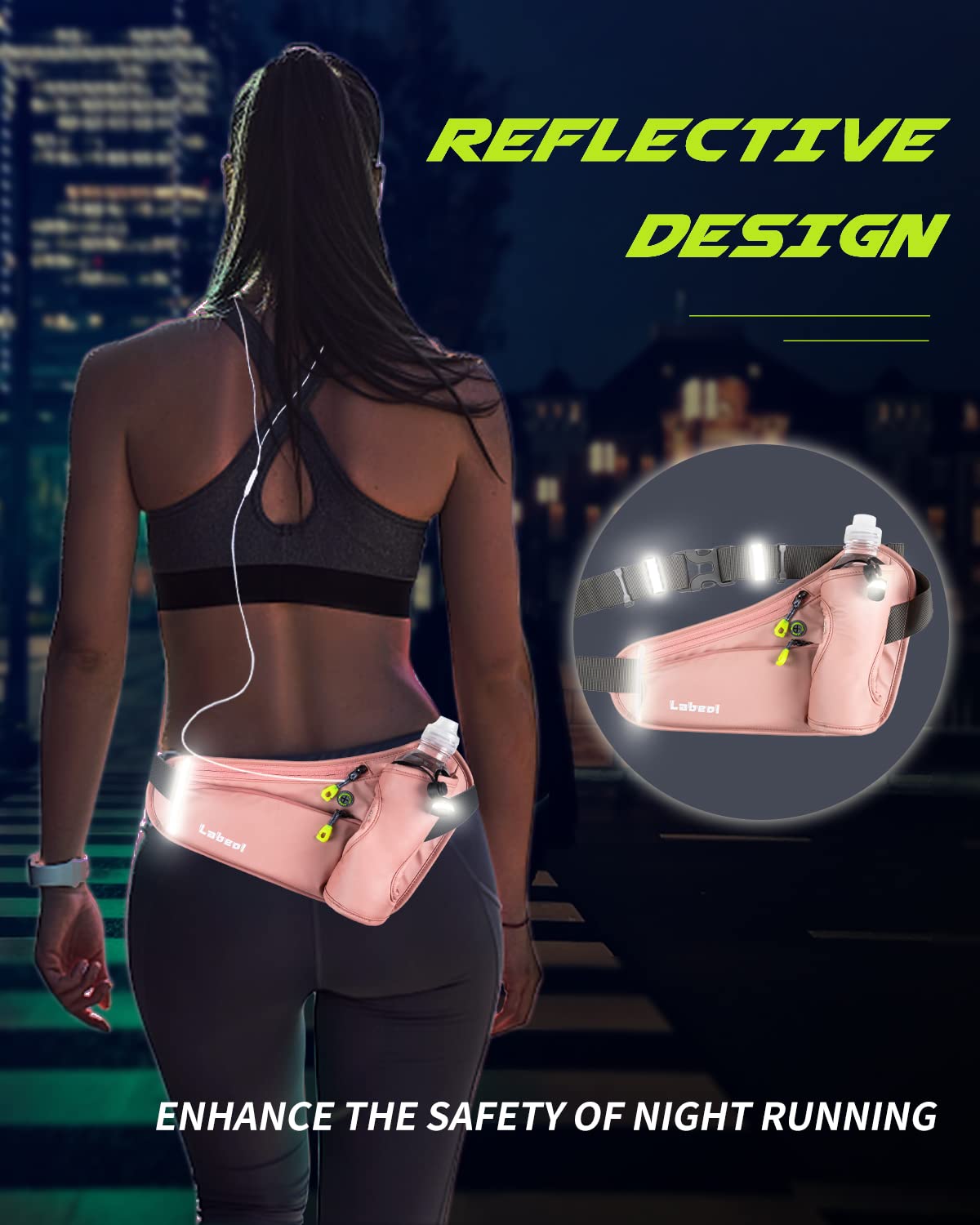 Labeol Adjustable Running Belt with Water Bottles - 2 Zipper Pockets Hydration Waist Pack for Men & Women - Lightweight Fanny Pack for Hiking, Jogging, Gym & Outdoor Activities (Pink)