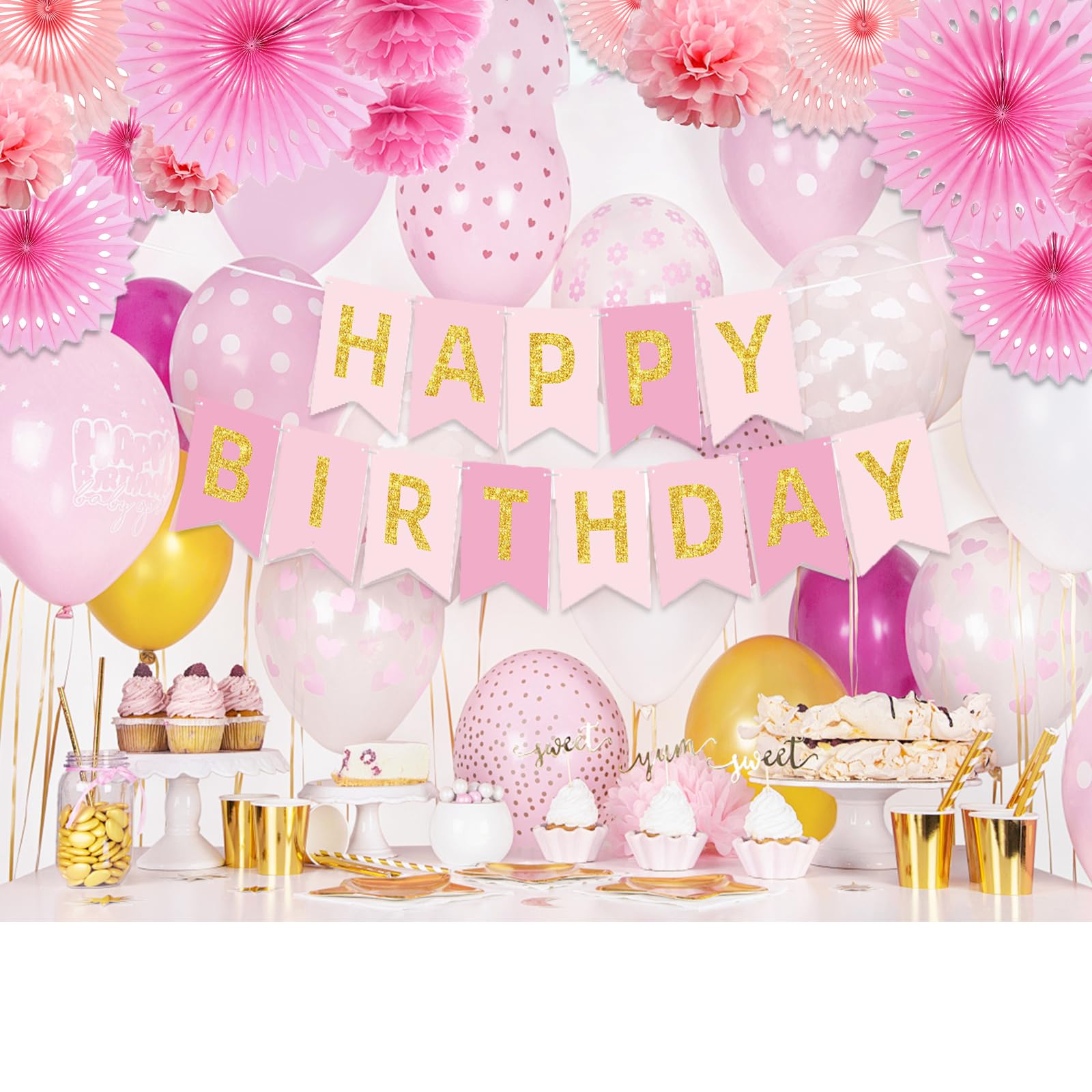 Pink Birthday Party Decorations Kit - Happy Birthday Banner, Tissue Paper Pom Poms & Hanging Fans for Women & Girls | Perfect for Birthday Celebrations, Baby Showers & Bridal Showers