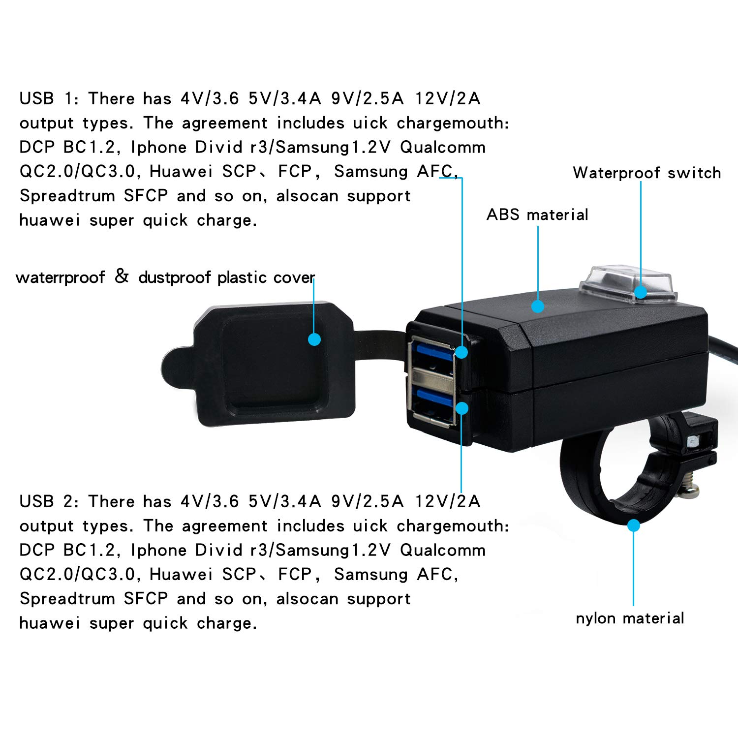 Waterproof Motorcycle Phone Charger with Dual QC 3.0 USB Ports & On/Off Switch - Fast Charging for Smartphones, Tablets, GPS Devices - Perfect for Motorcycle Rides, Road Trips & Outdoor Adventures