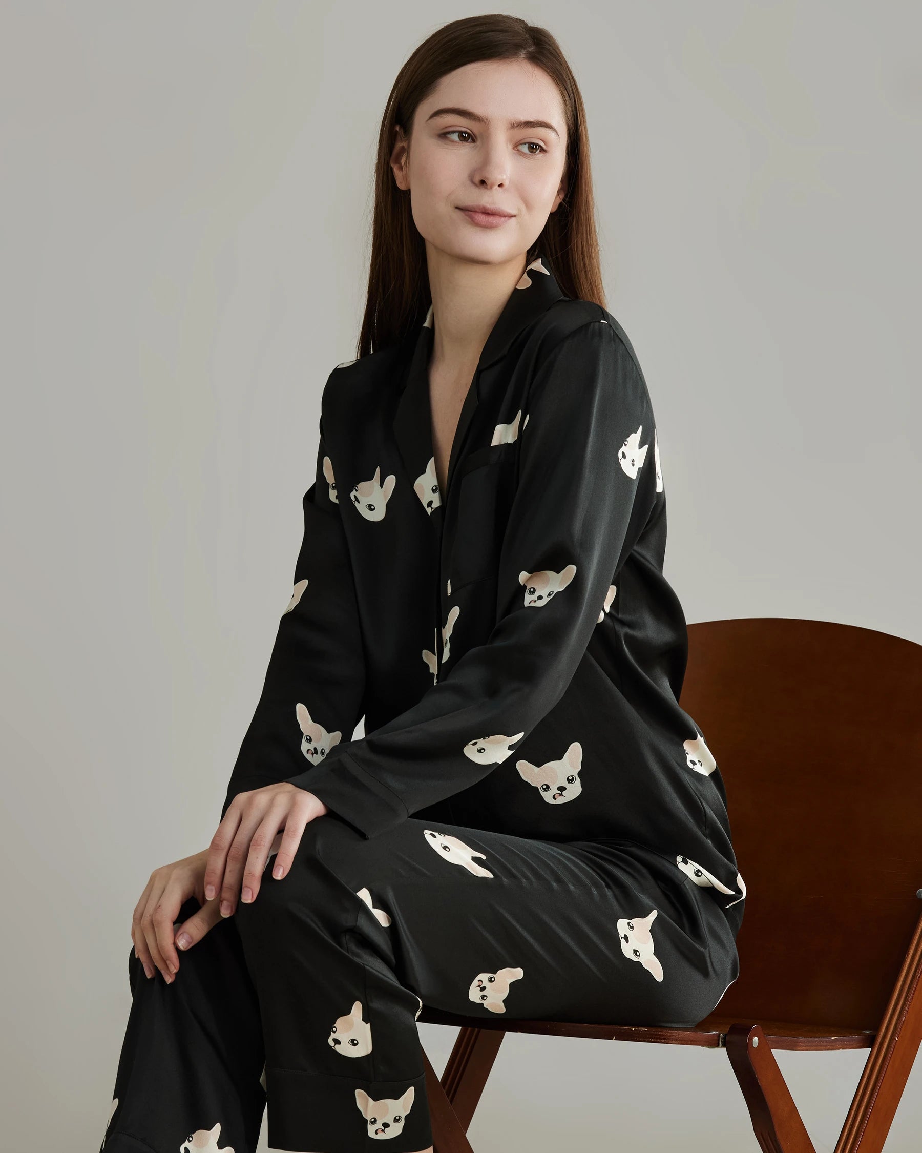Soft & Comfortable Puppy Print Silk Pajama Set for Women - Cute Animal Pajamas for Sleepwear, Lounge Wear & Relaxing at Home